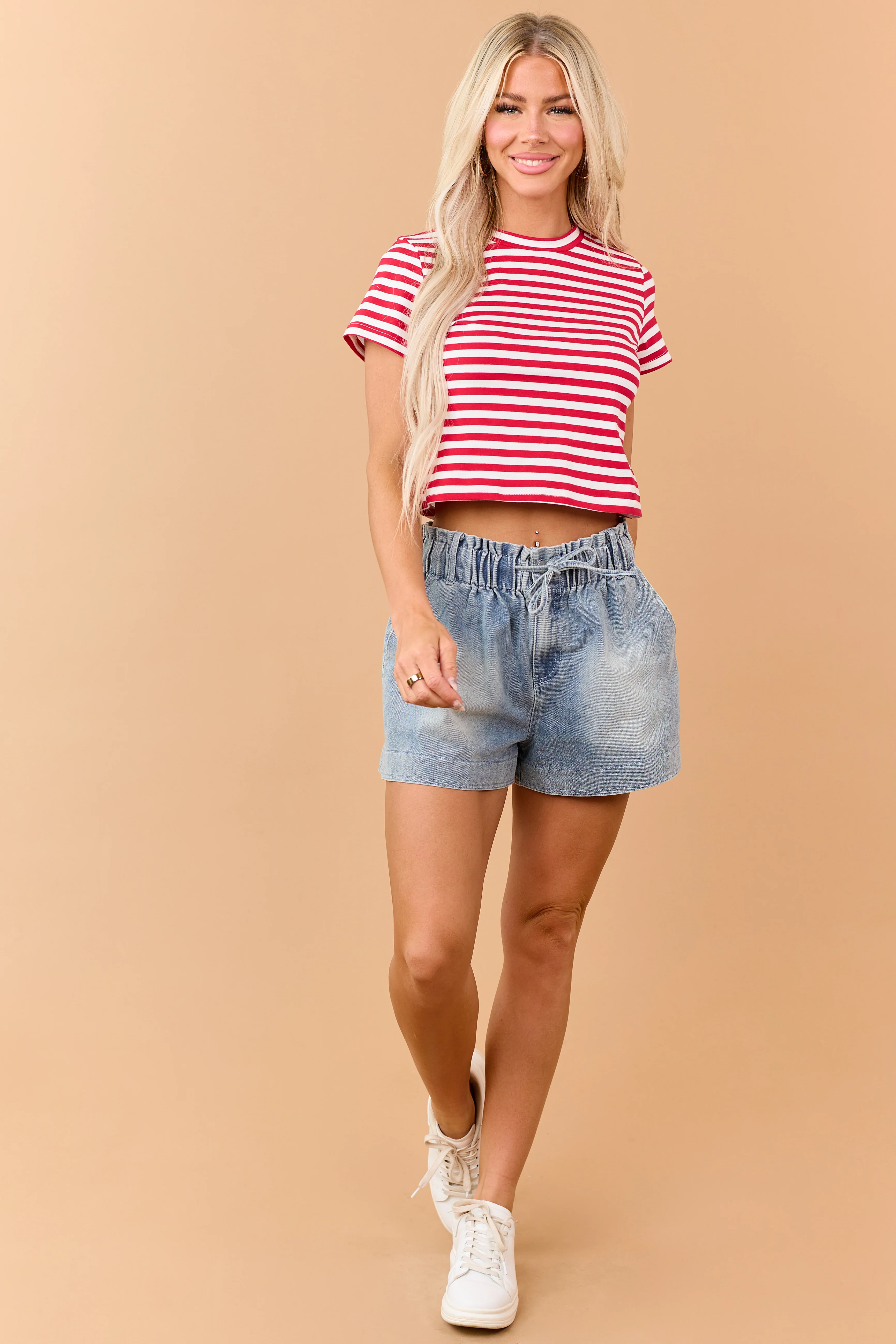 Lipstick Striped Cropped Short Sleeve Cotton Tee - Image 2