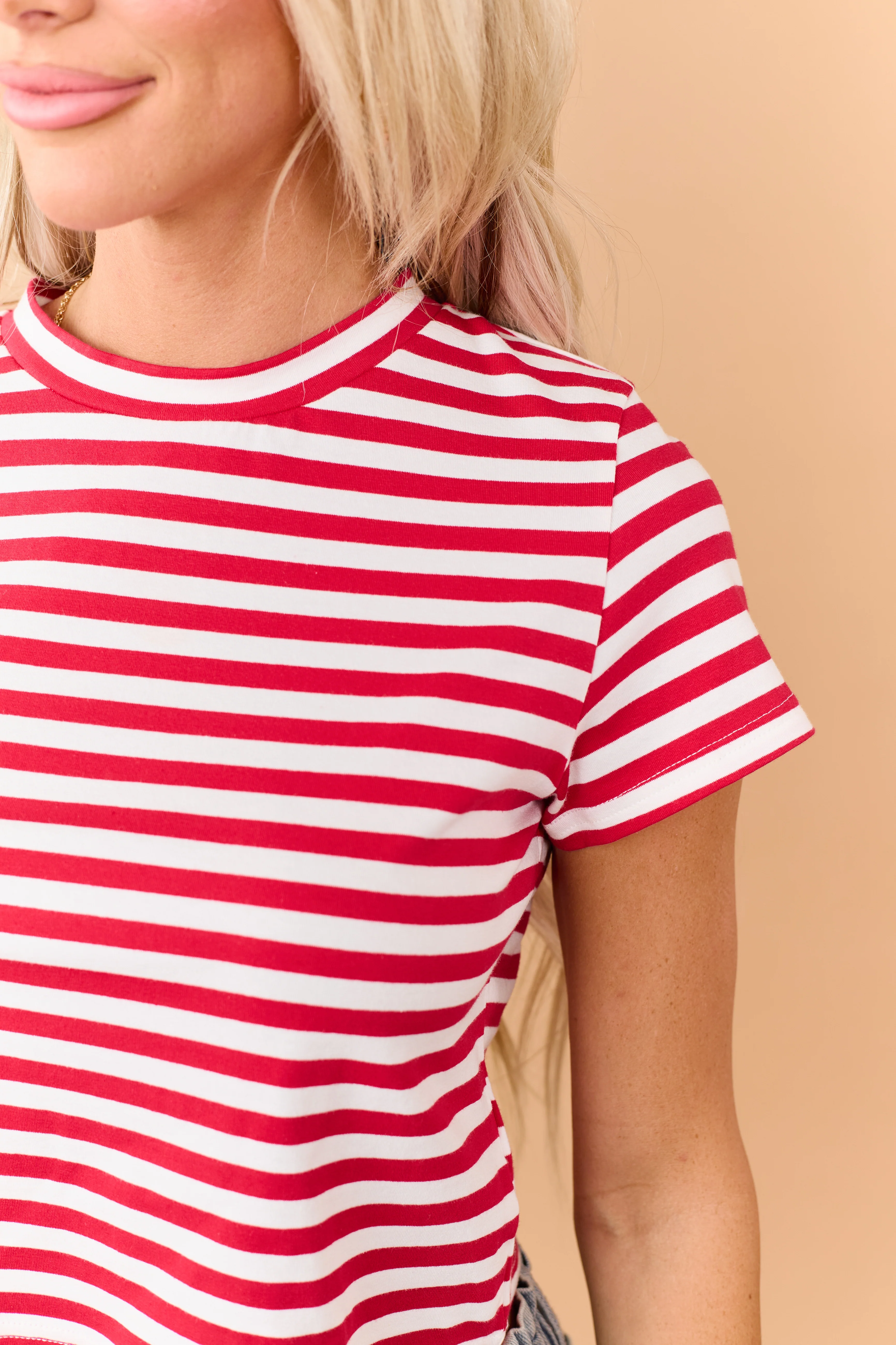 Lipstick Striped Cropped Short Sleeve Cotton Tee - Image 6