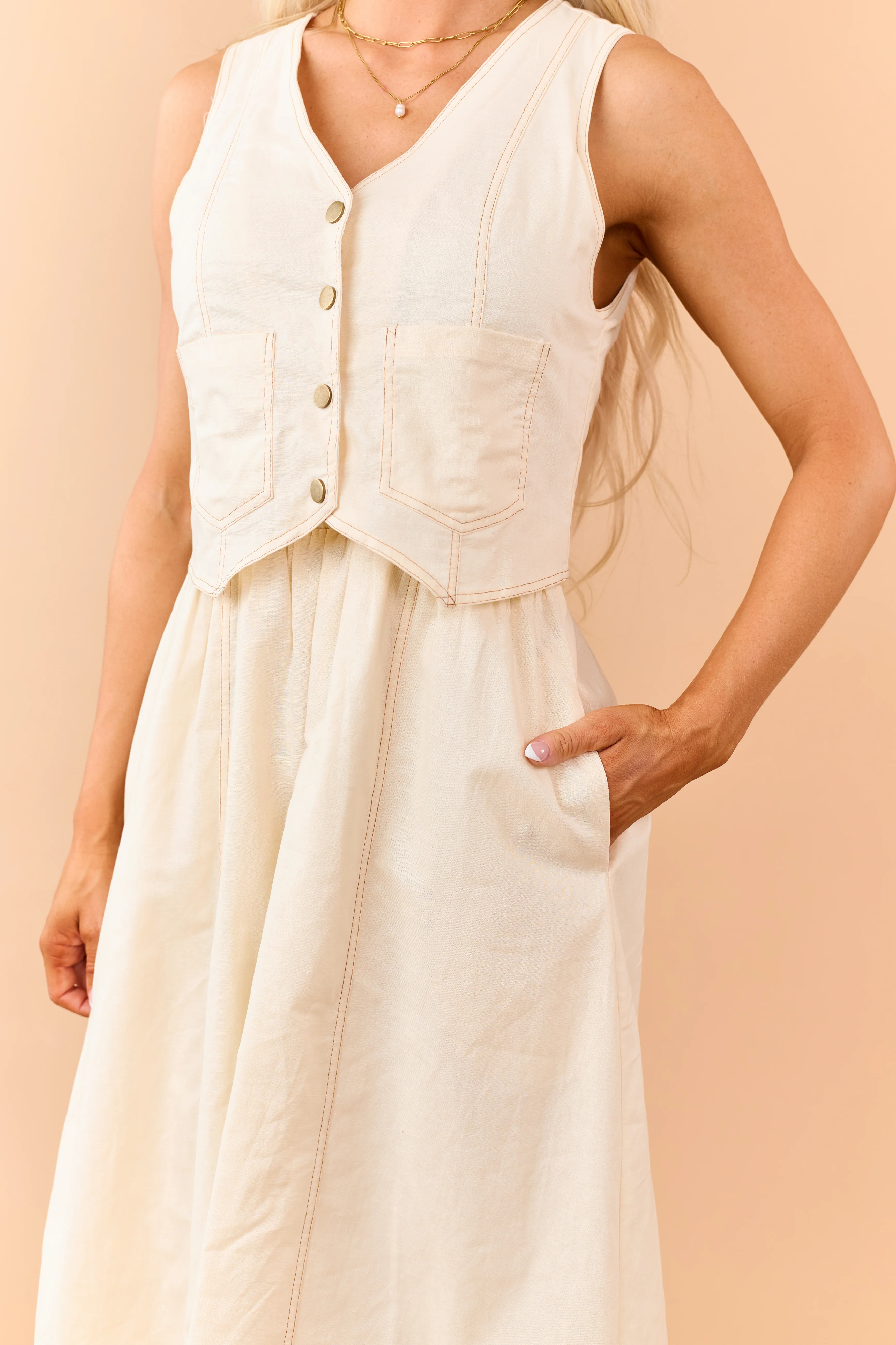 Listicle Almond Linen Blend Vest Style Maxi Dress - Image 6