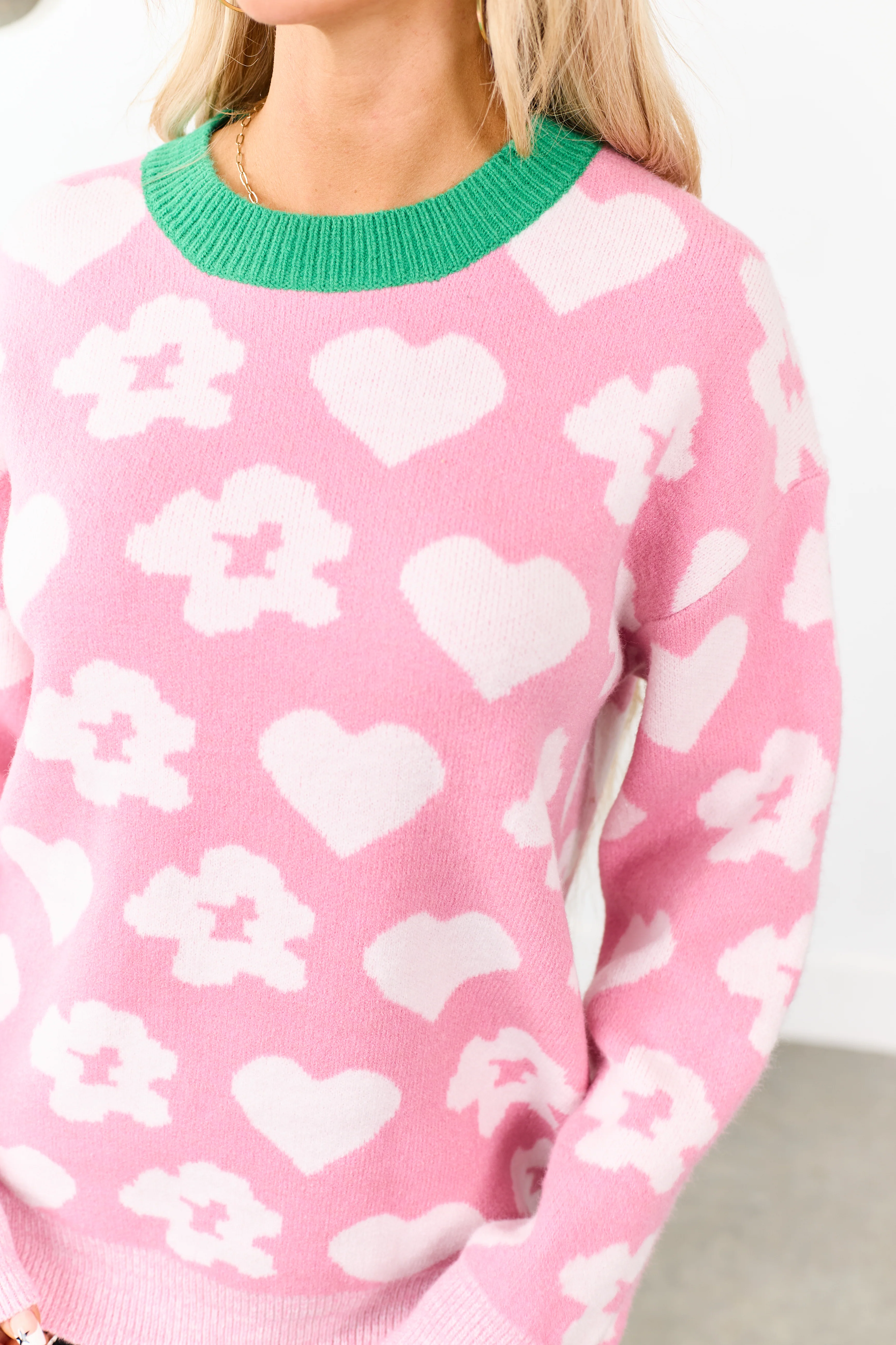 Listicle Bubblegum Floral Heart Ringer Neck Sweater - Image 8