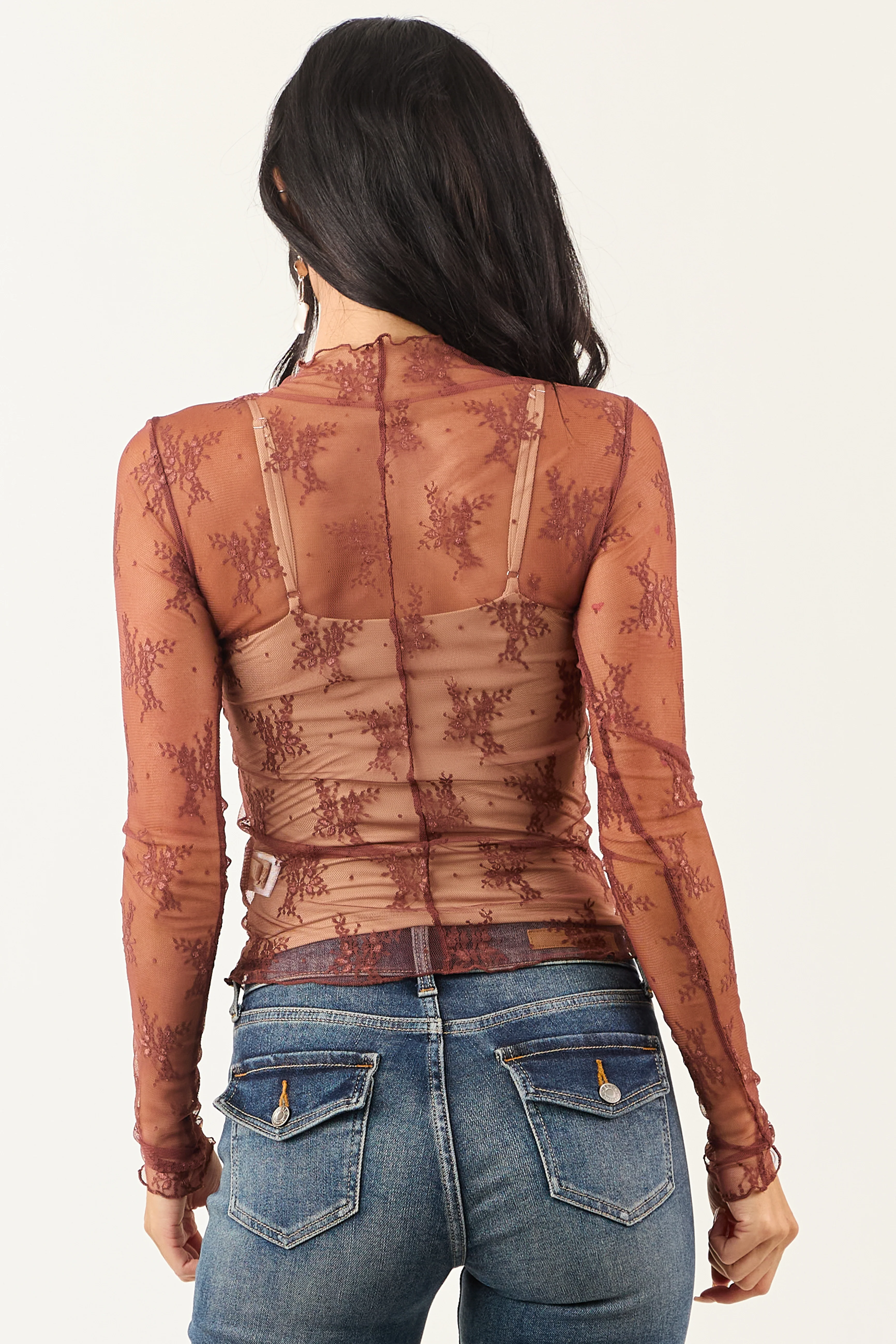 Listicle Marsala Floral Mesh Lace Long Sleeve Top - Image 6
