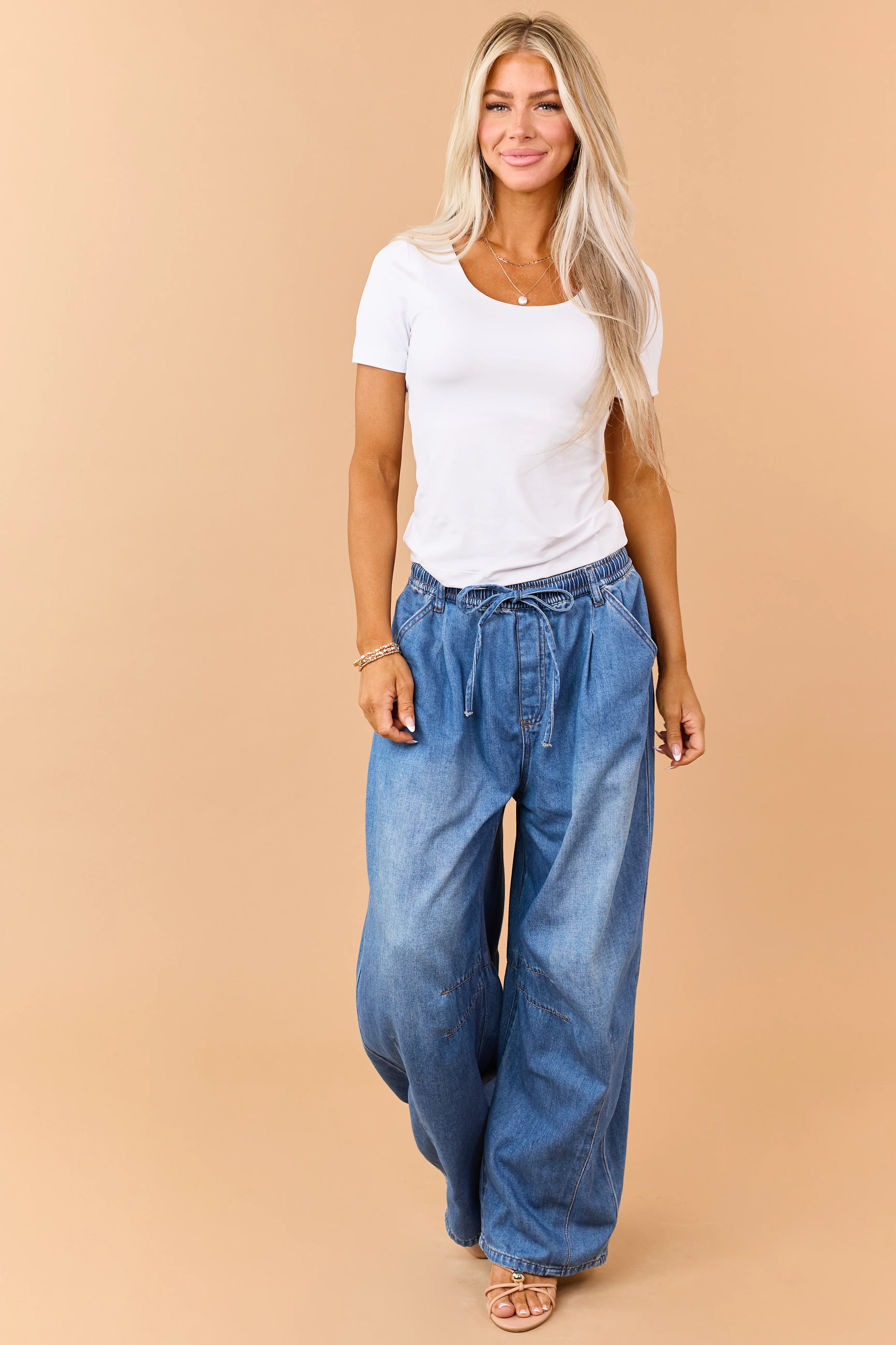 Listicle Medium Wash Denim Drawstring Wide Leg Pants - Image 6