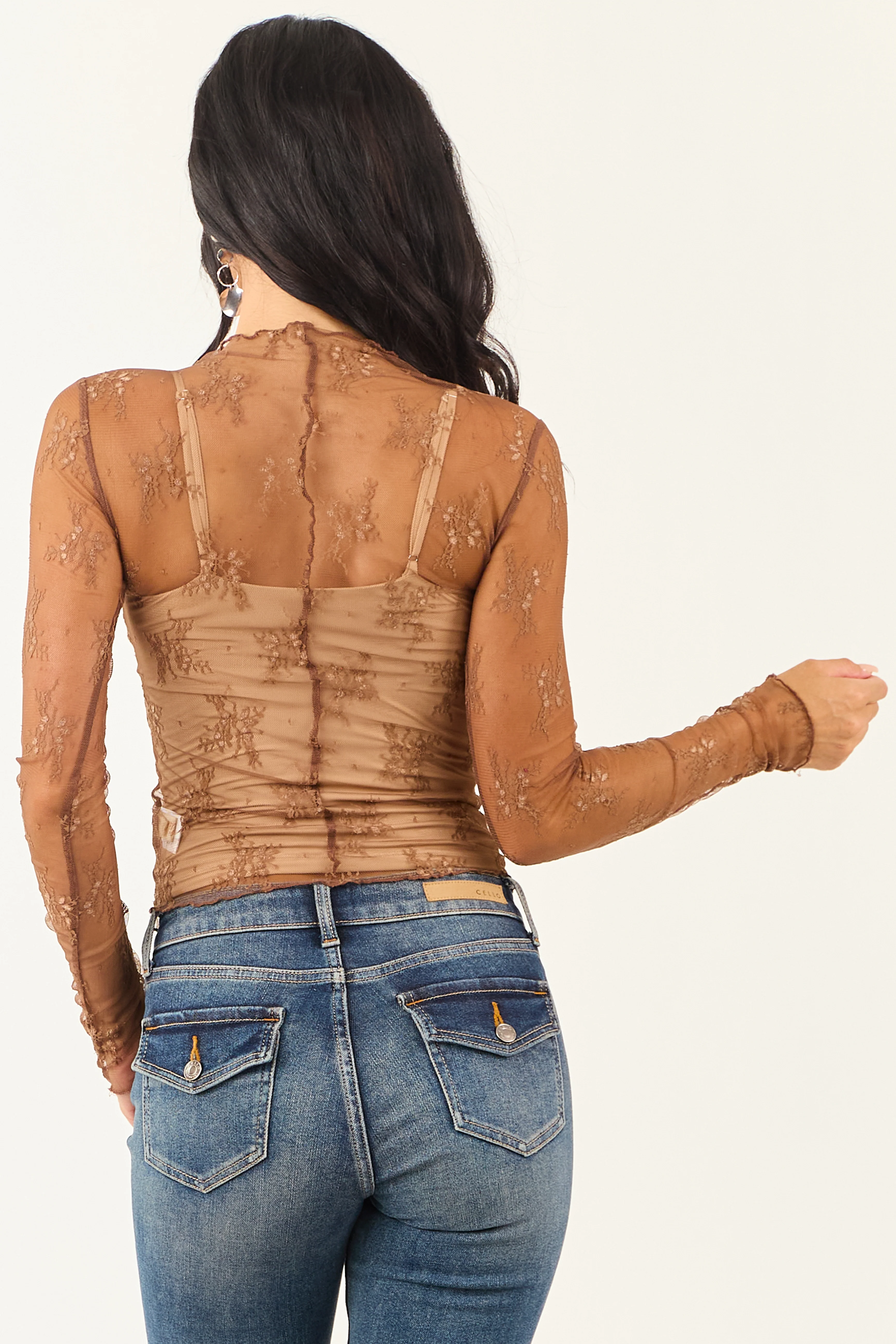 Listicle Sepia Floral Mesh Lace Long Sleeve Top - Image 5