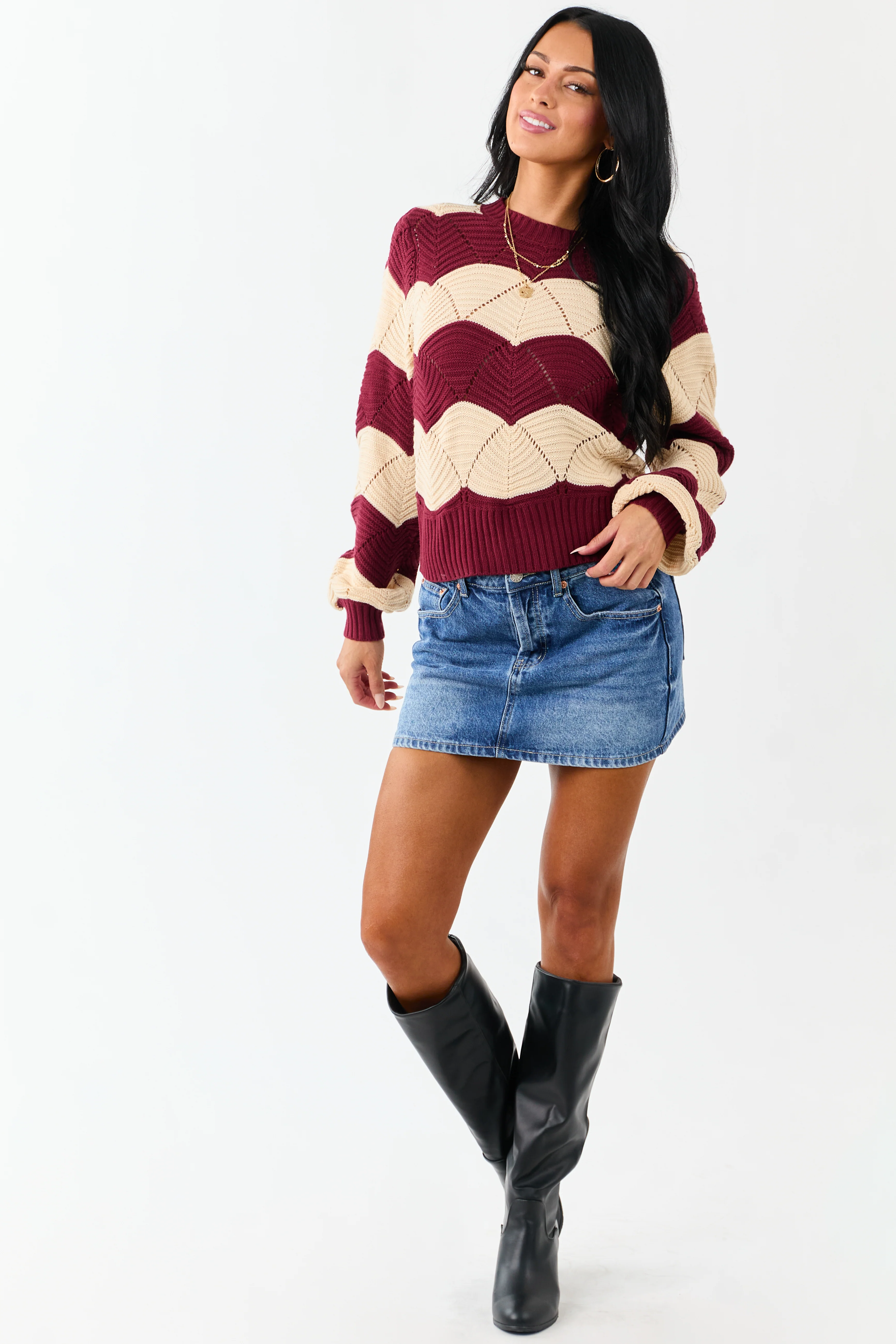 Listicle Wine Wavy Striped Open Knit Sweater - Image 2