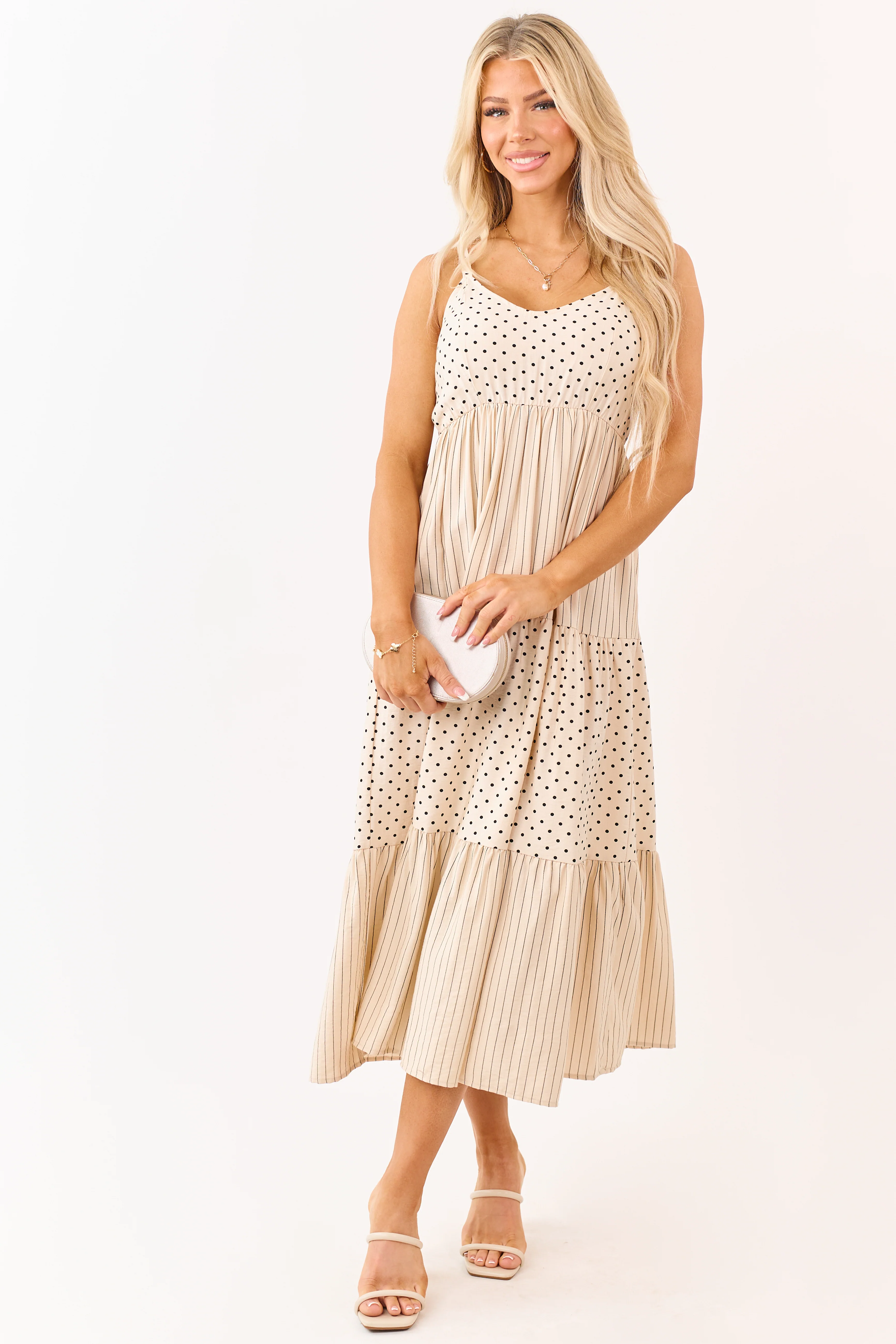 Lovelo Almond Polka Dot and Stripe Tiered Midi Dress - Image 3
