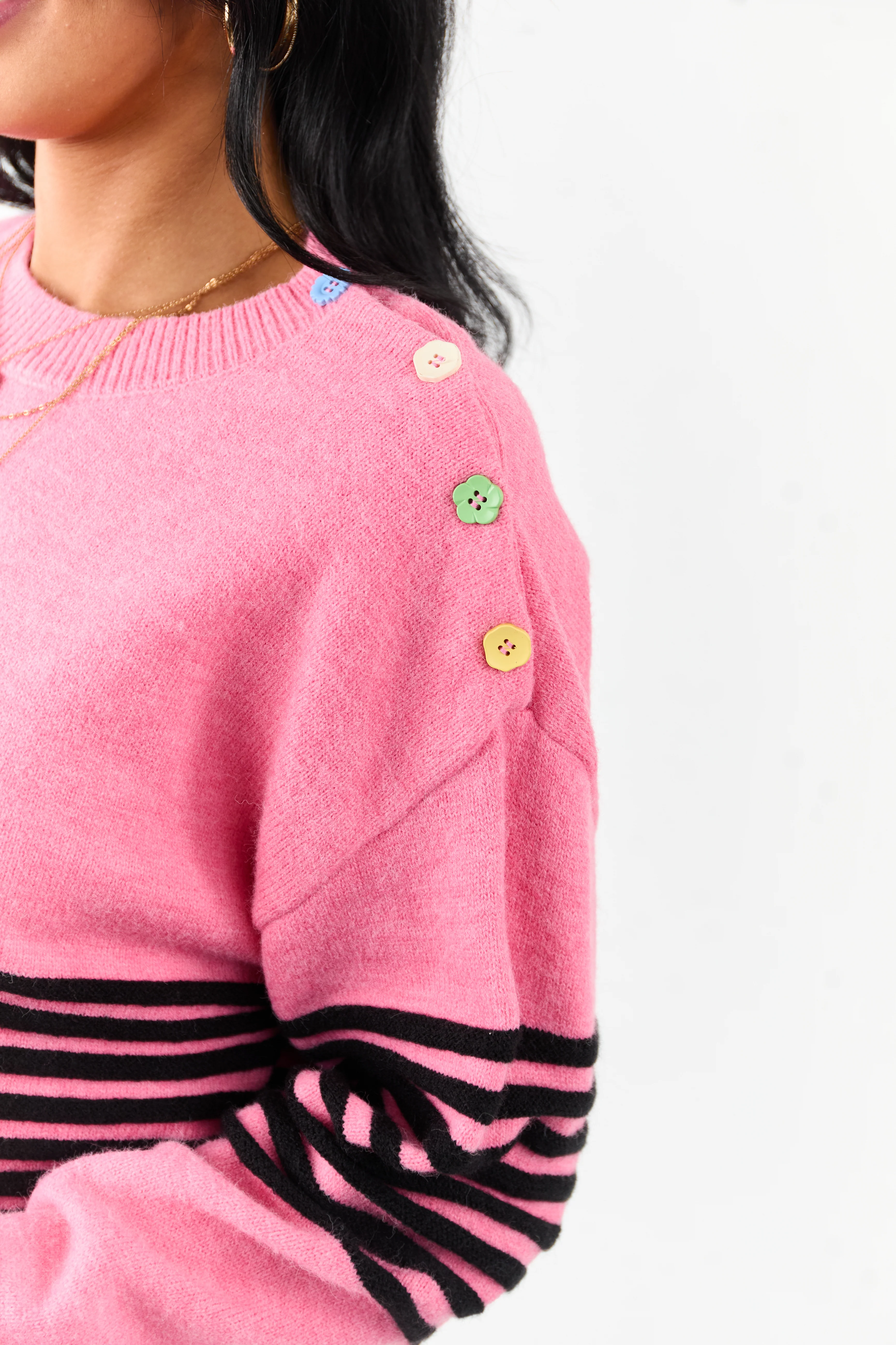 Lovelo Bubblegum Striped Button Detail Sweater - Image 2