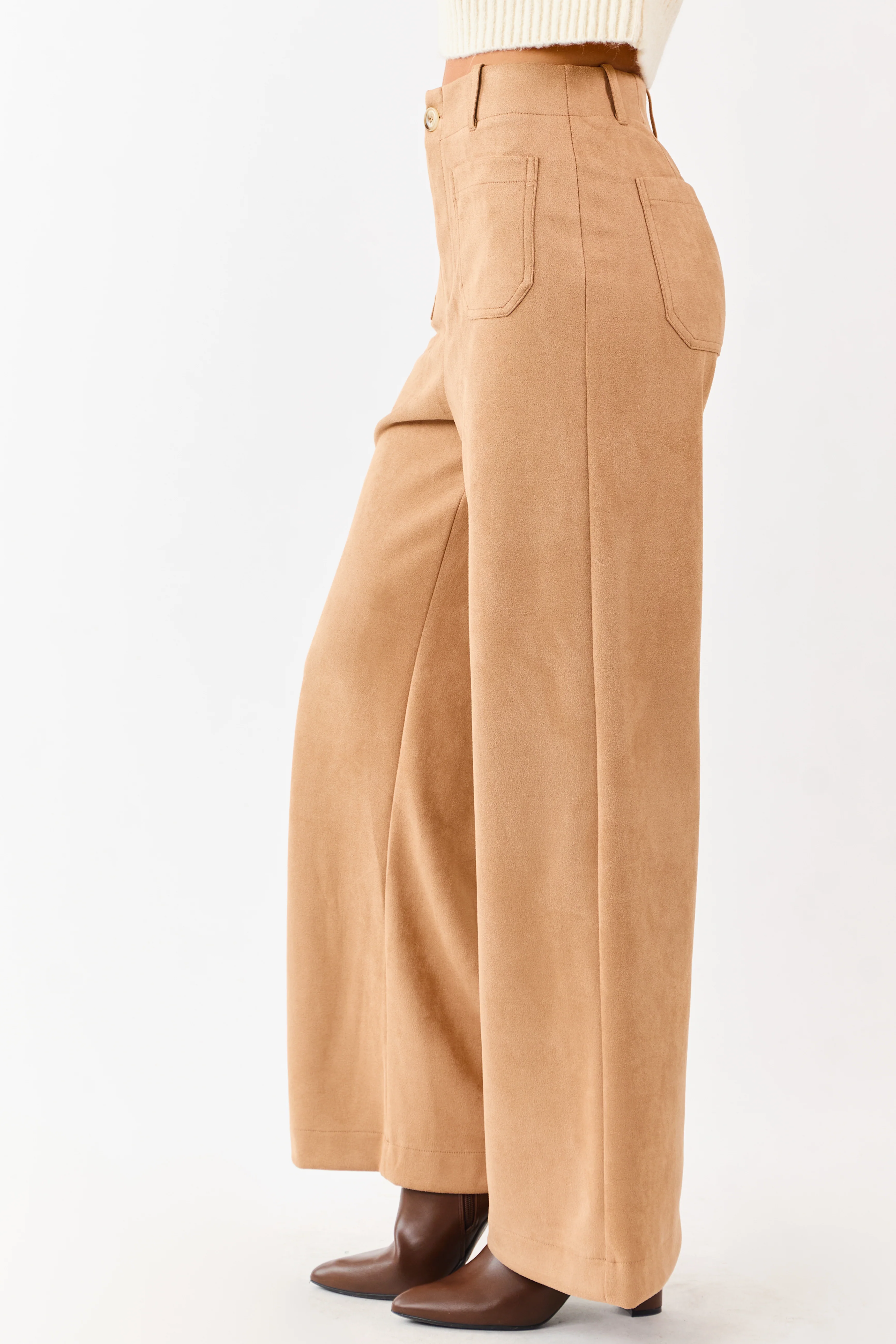 Lovelo Camel Faux Suede Patch Pocket Wide Leg Pants - Image 3