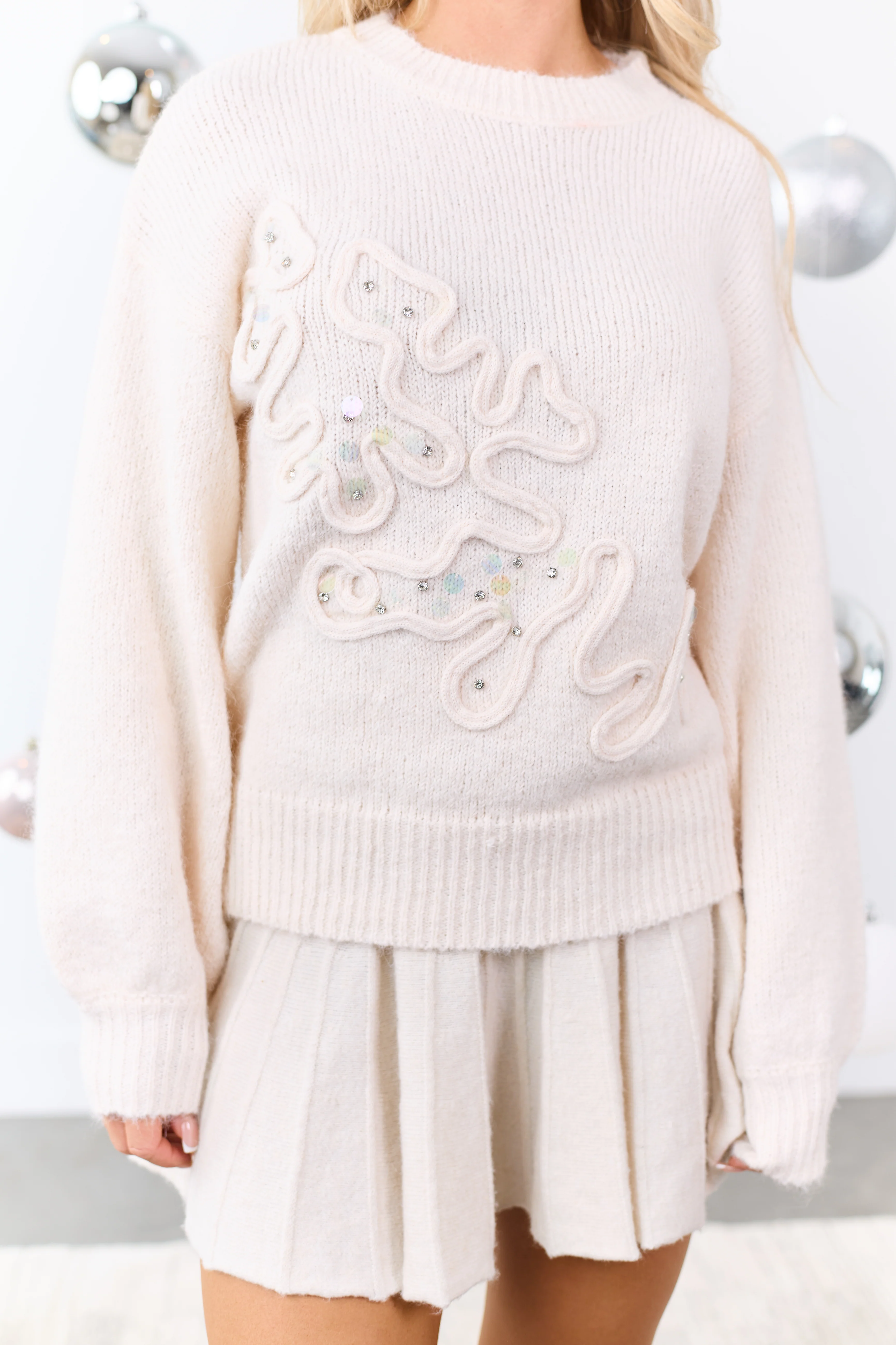 Lovelo Cream Sequin Rhinestone Embellished Sweater - Image 2