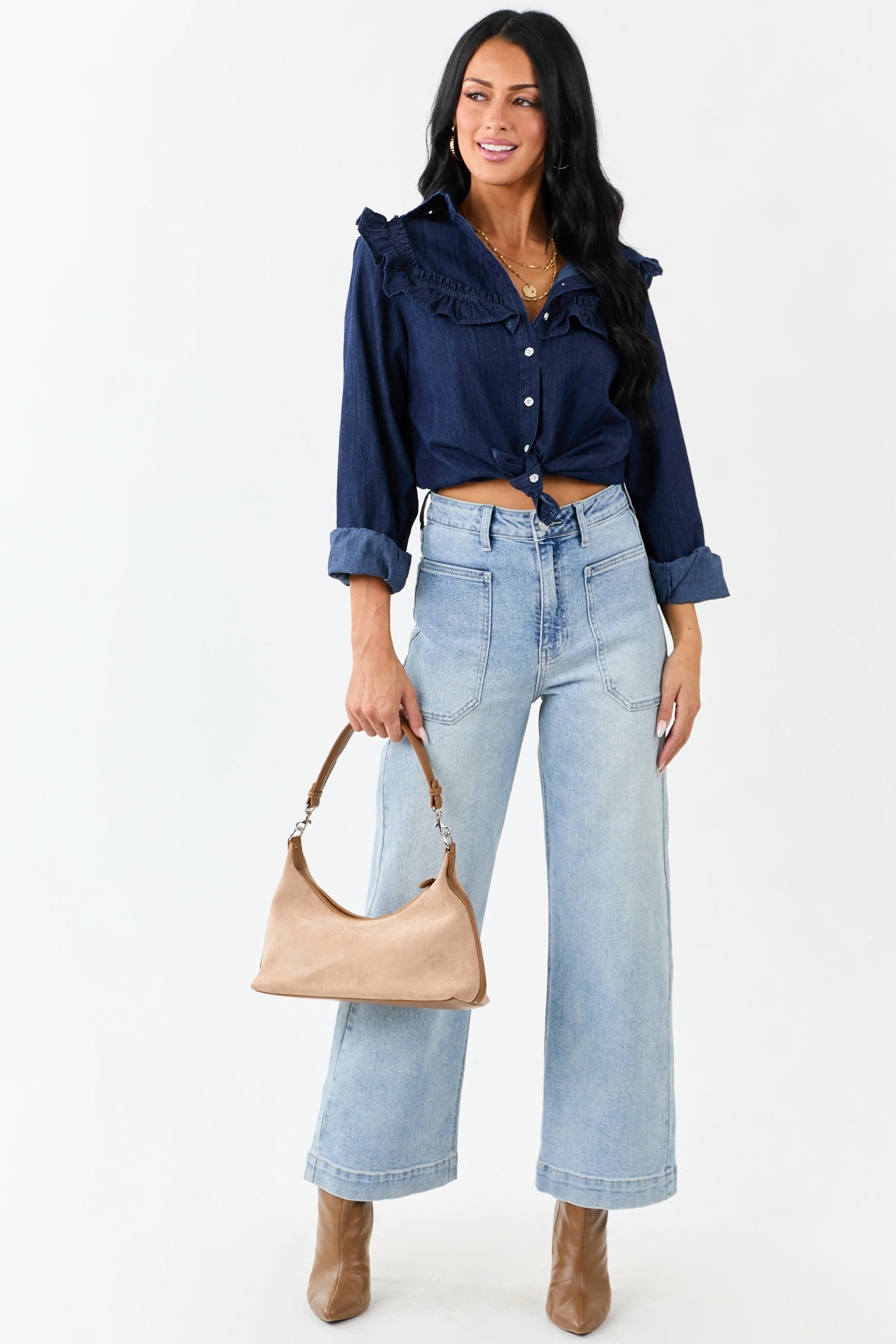 Lovelo Dark Denim Button Up Ruffled Long Sleeve Top - Image 4