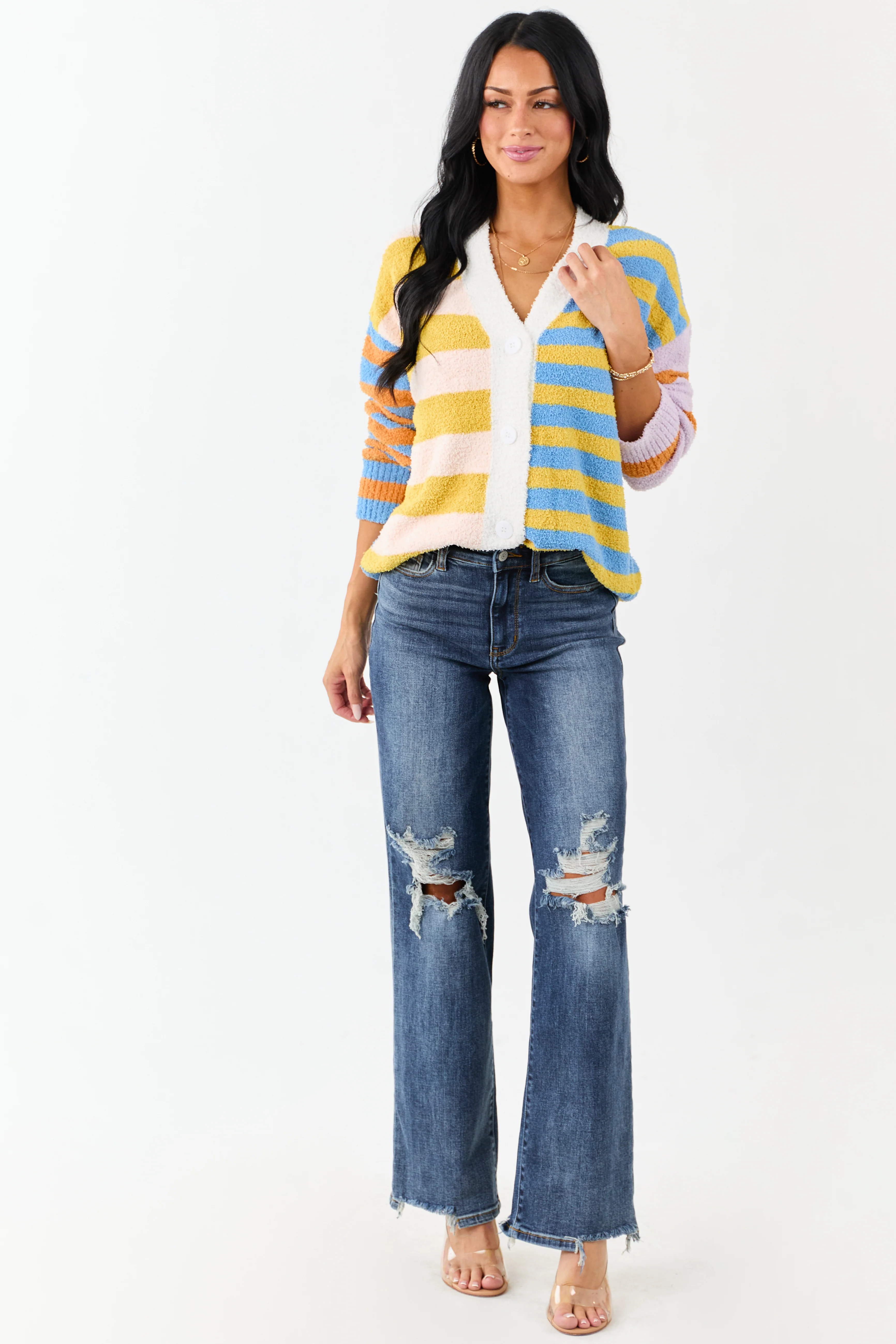 Lovelo Multicolor Striped Button Up Fuzzy Cardigan - Image 3