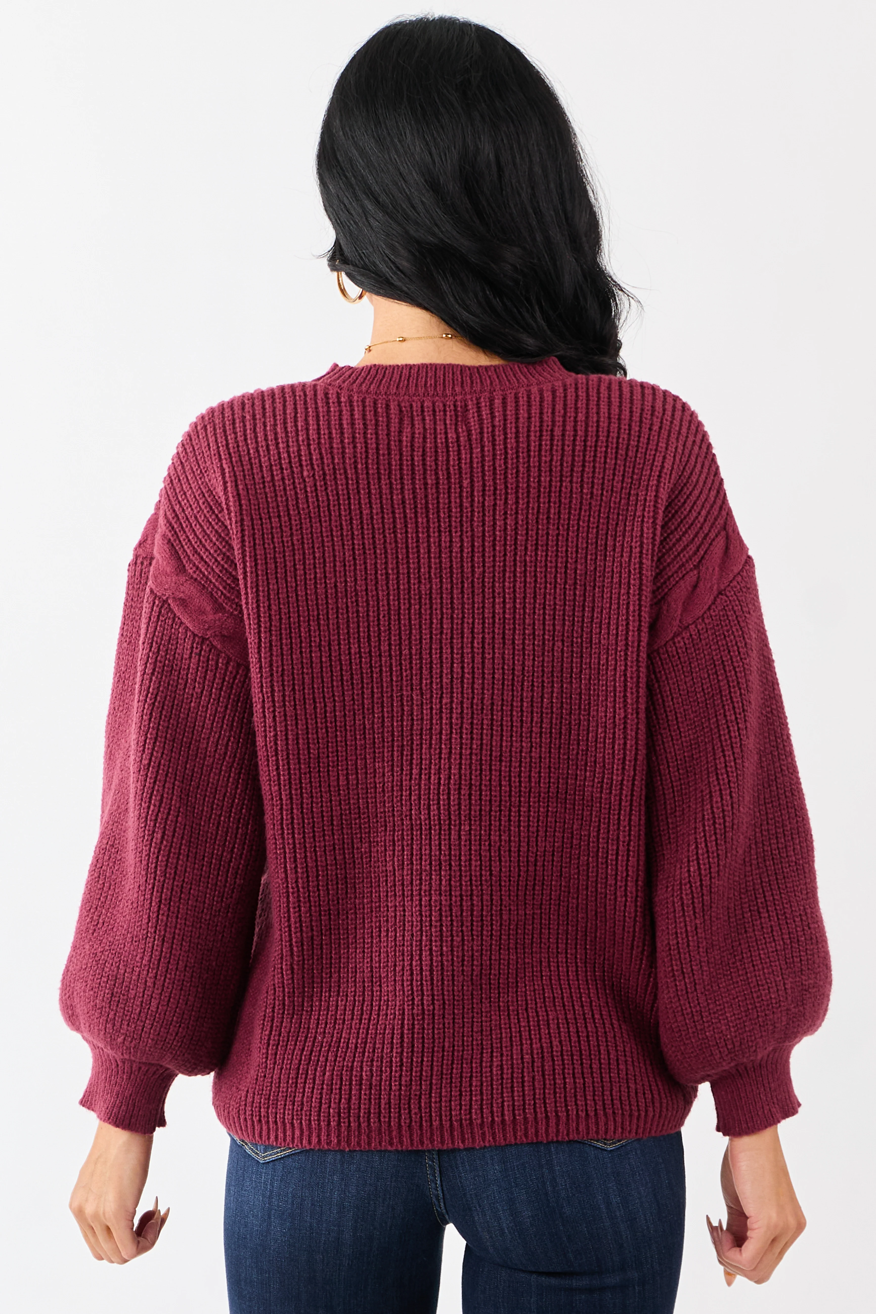 Lovelo Wine Lace Up Side Puff Sleeve Sweater - Image 5