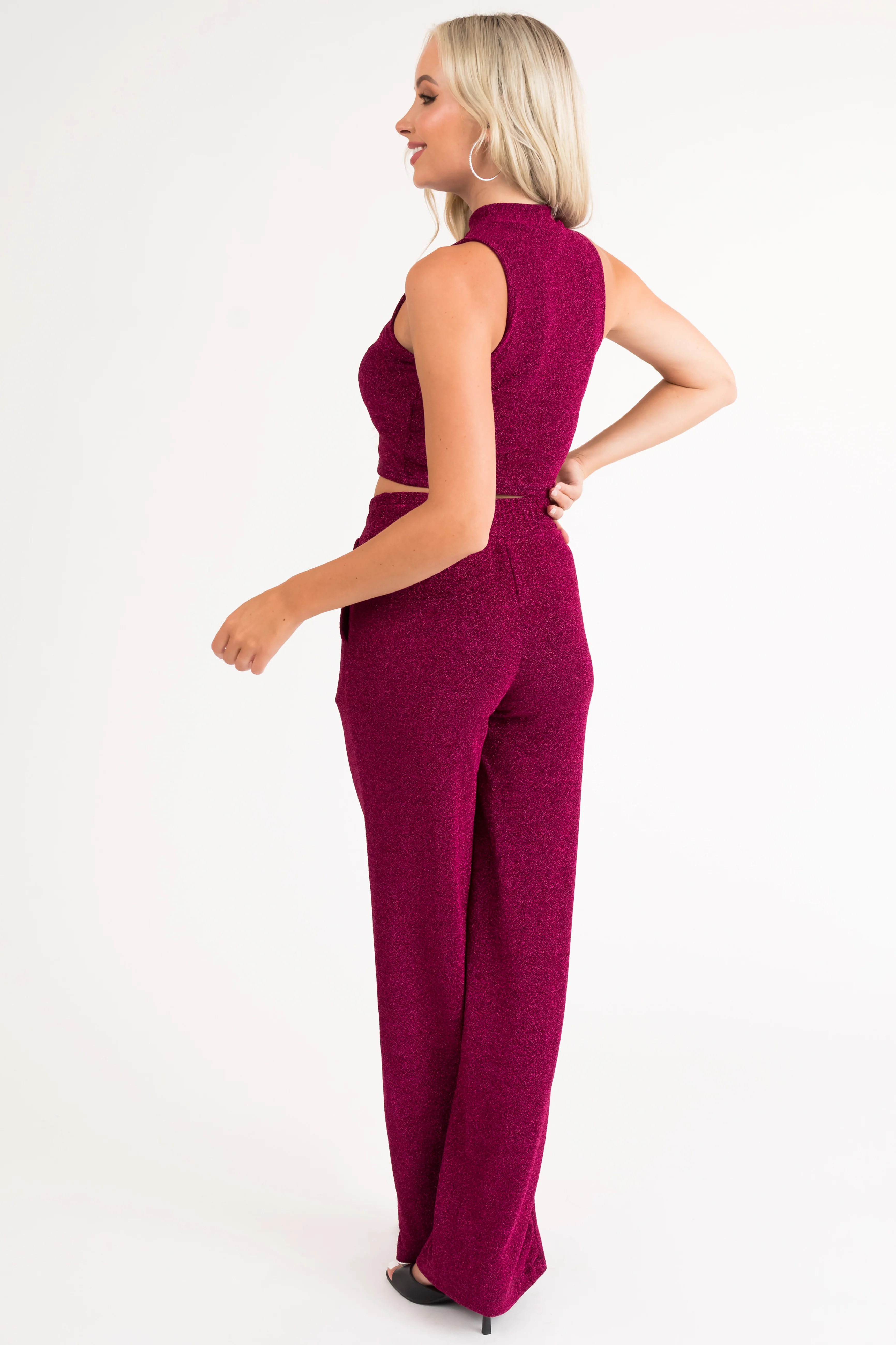 Magenta Glitter Wide Leg Stretchy Lurex Pants - Image 6