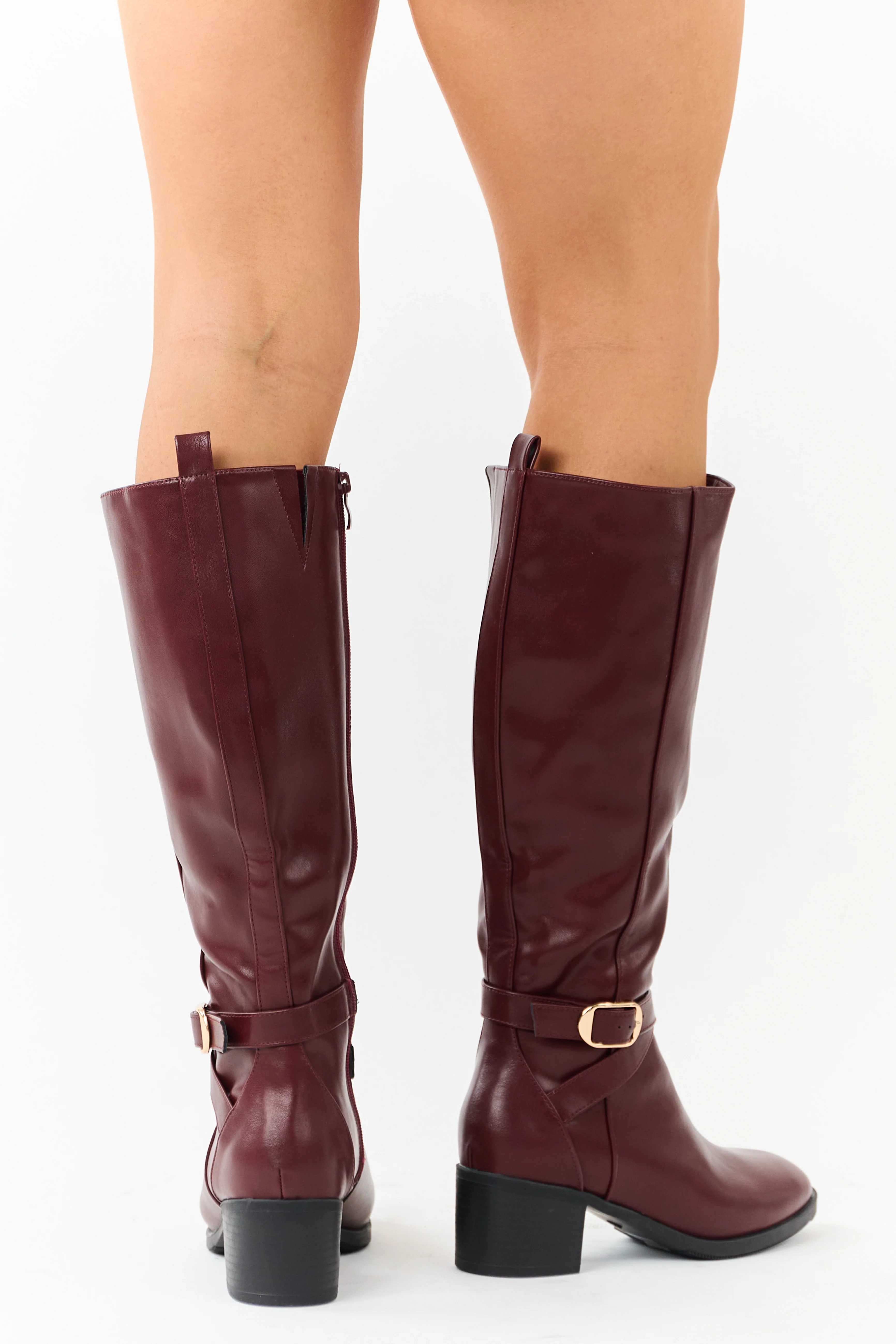 Mahogany Faux Leather Knee High Block Heel Boots - Image 6