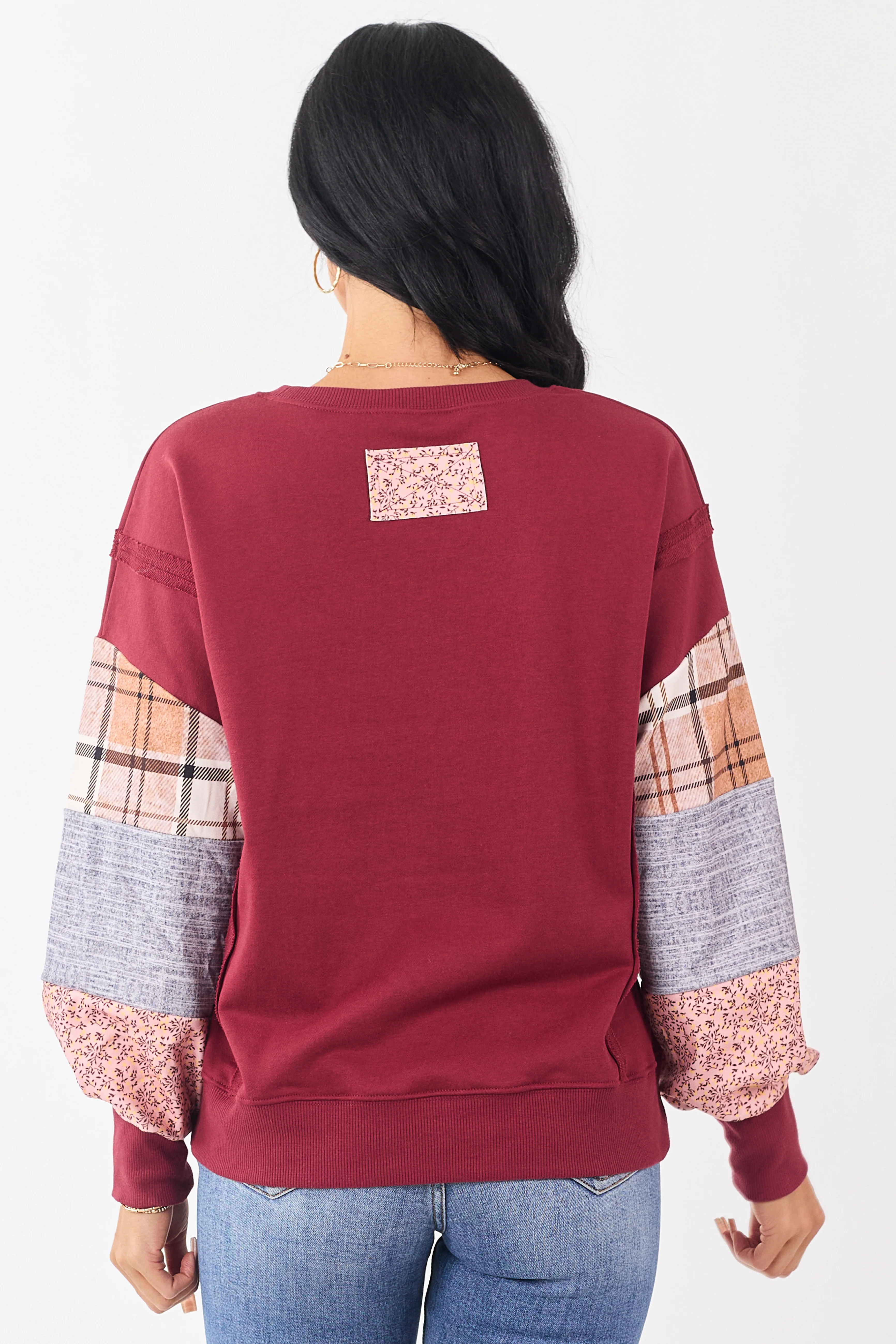 Maroon Contrast Patchwork Raw Seam Sweatshirt - Image 5