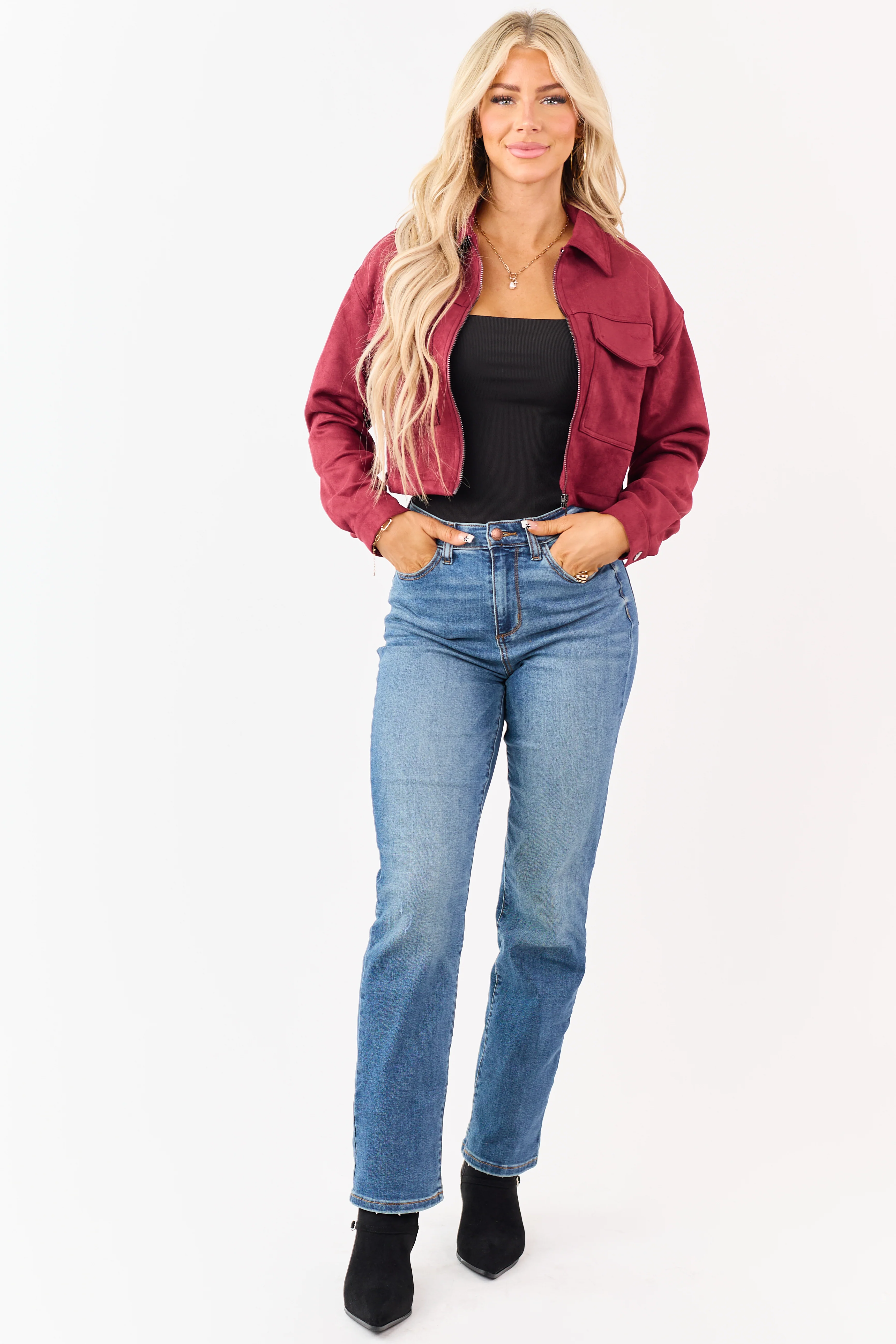 Maroon Faux Suede Cropped Collared Zip Up Jacket - Image 5