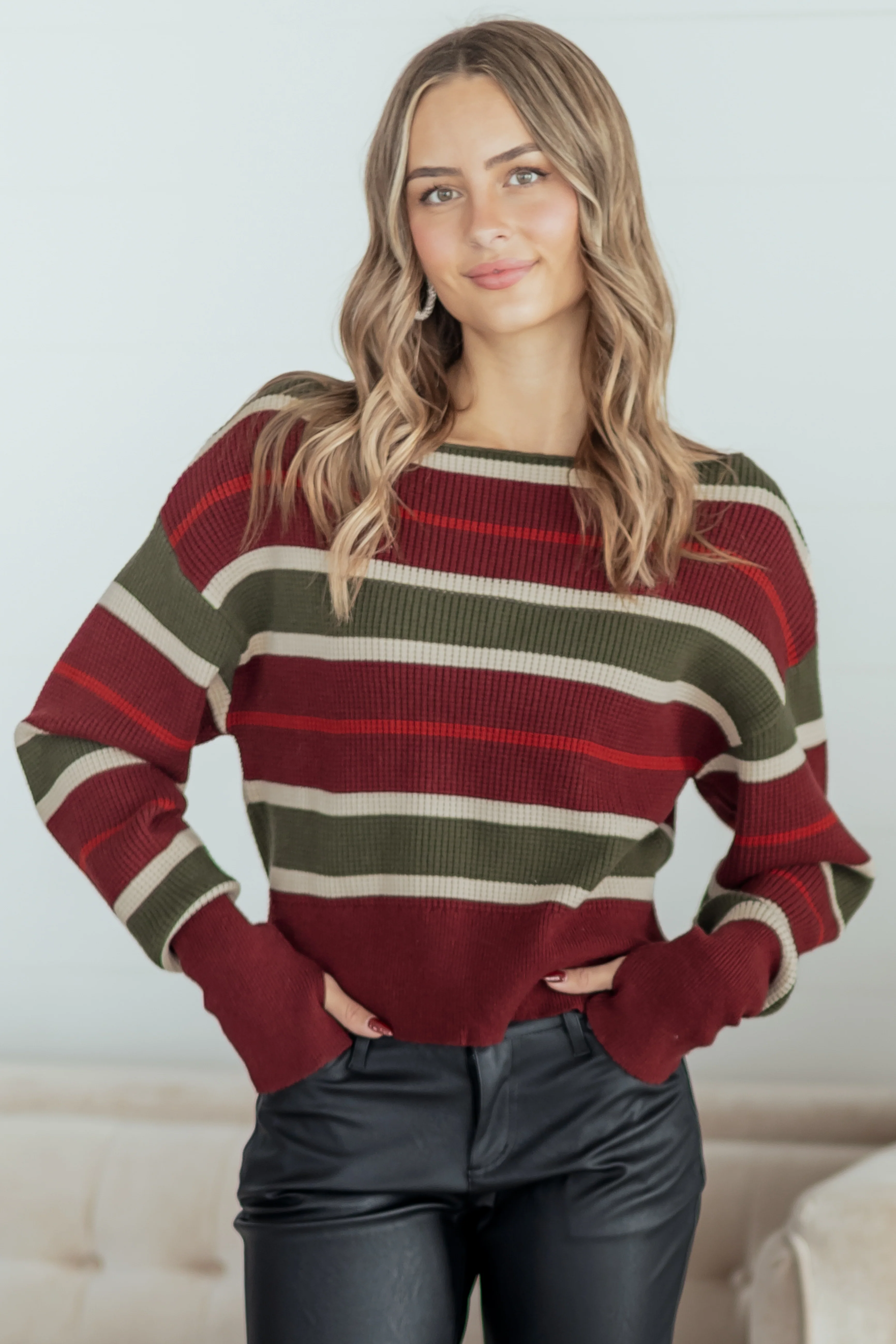 Maroon Striped Waffle Knit One Shoulder Sweater - Image 2