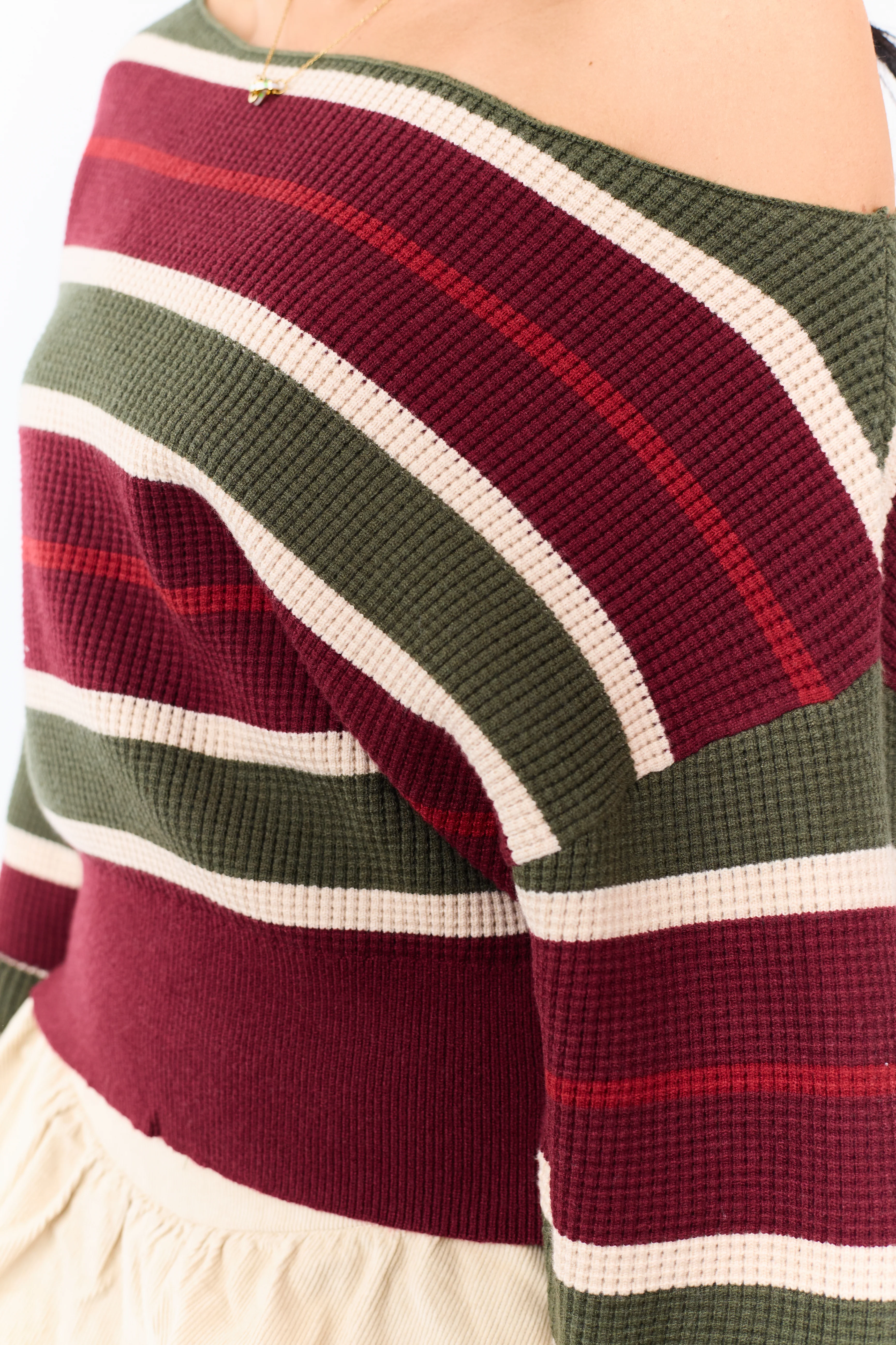 Maroon Striped Waffle Knit One Shoulder Sweater - Image 8