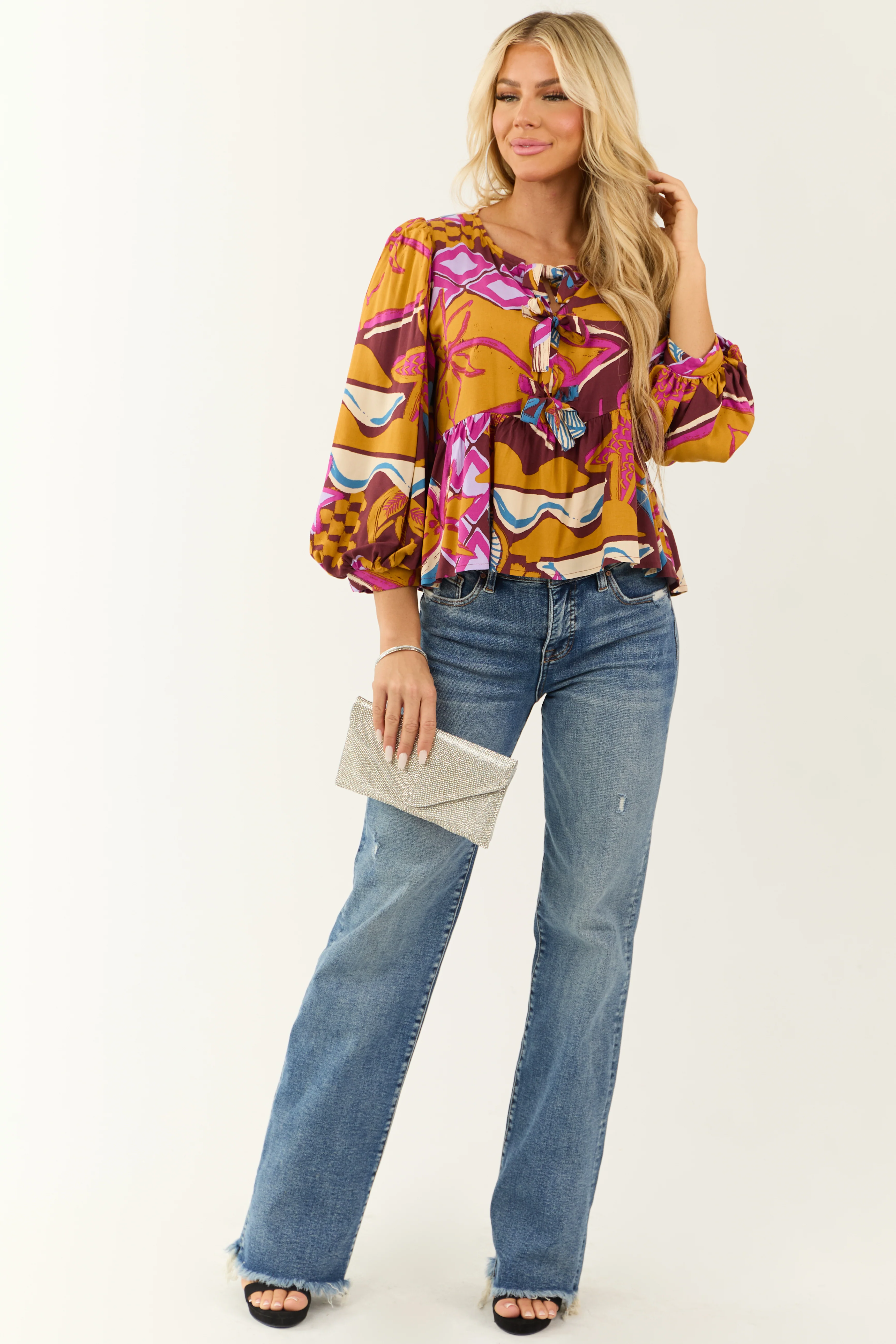 Marsala Abstract Print Tie Front Peplum Fit Top - Image 3