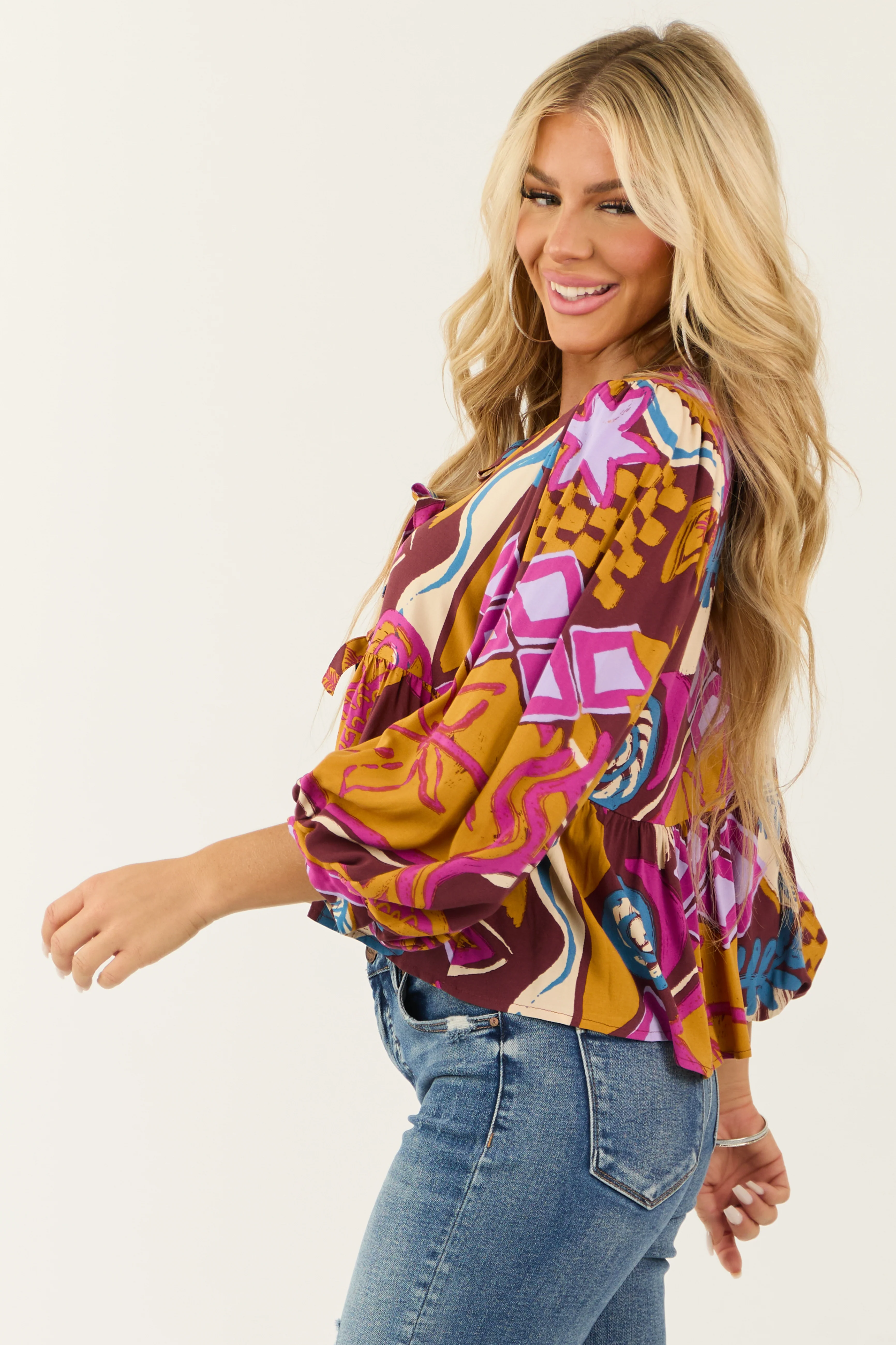 Marsala Abstract Print Tie Front Peplum Fit Top - Image 4