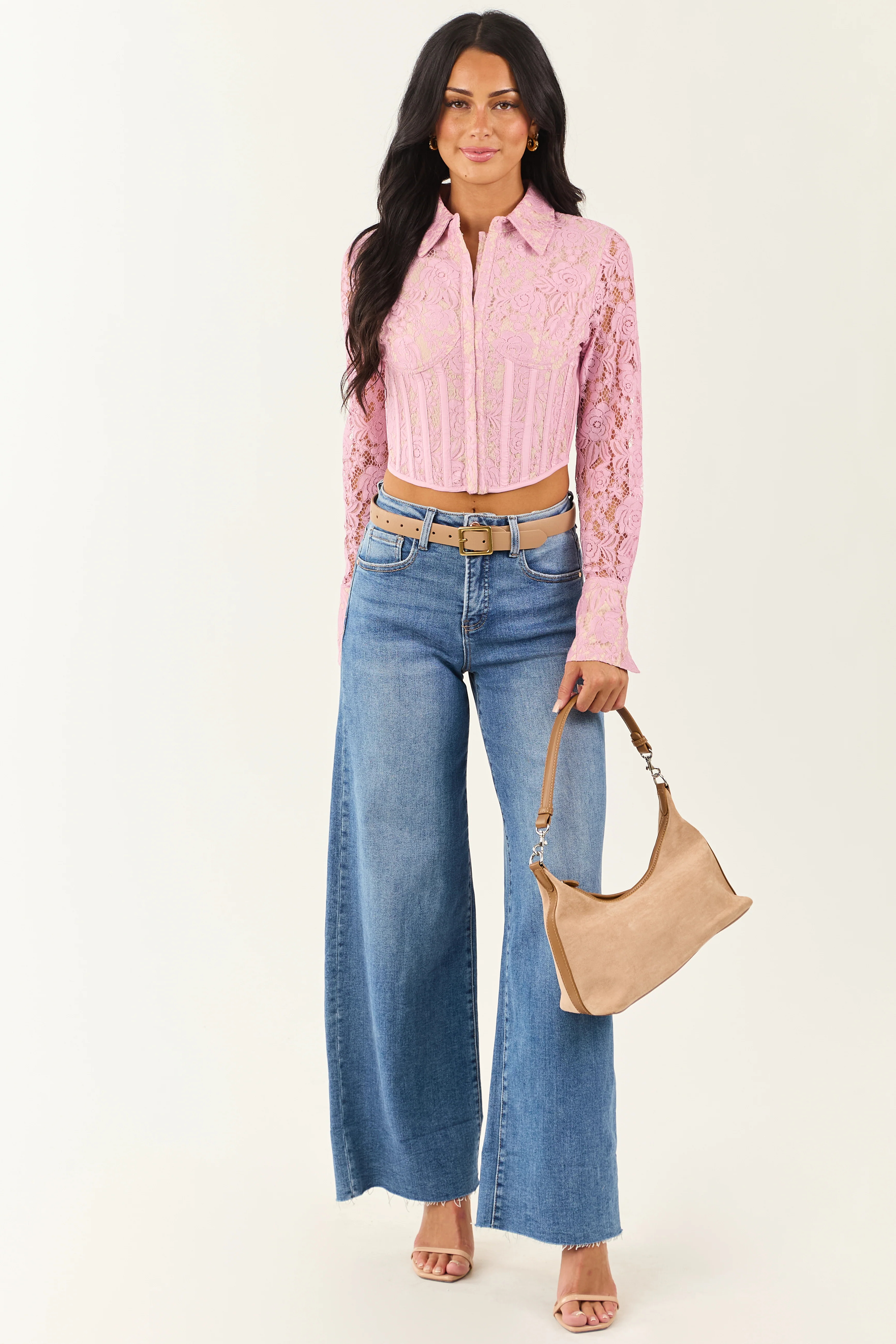 Mauve Floral Lace Button Down Corset Long Sleeve Top - Image 4