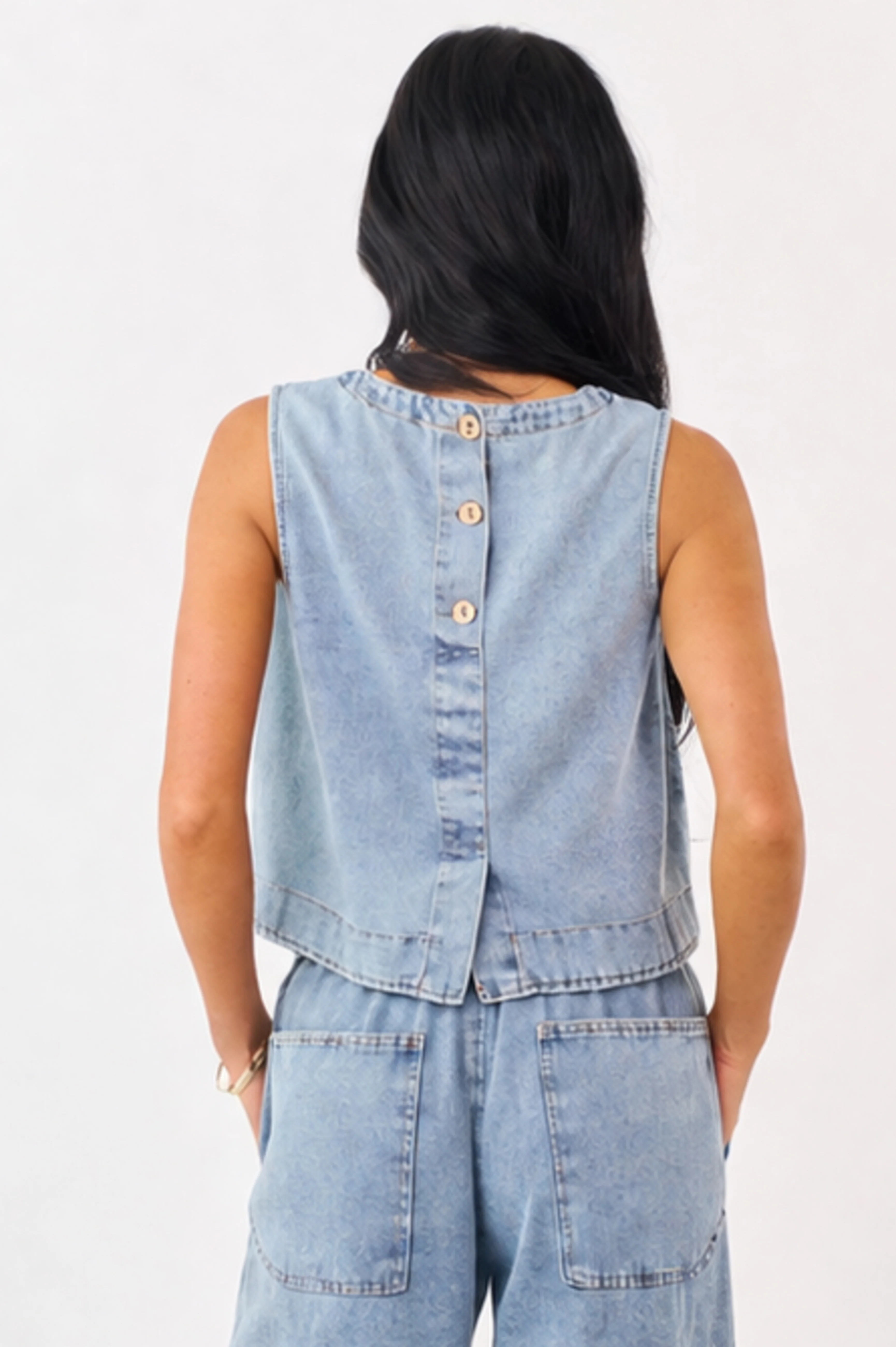 Medium Wash Back Button Down Denim Tank Top - Image 4