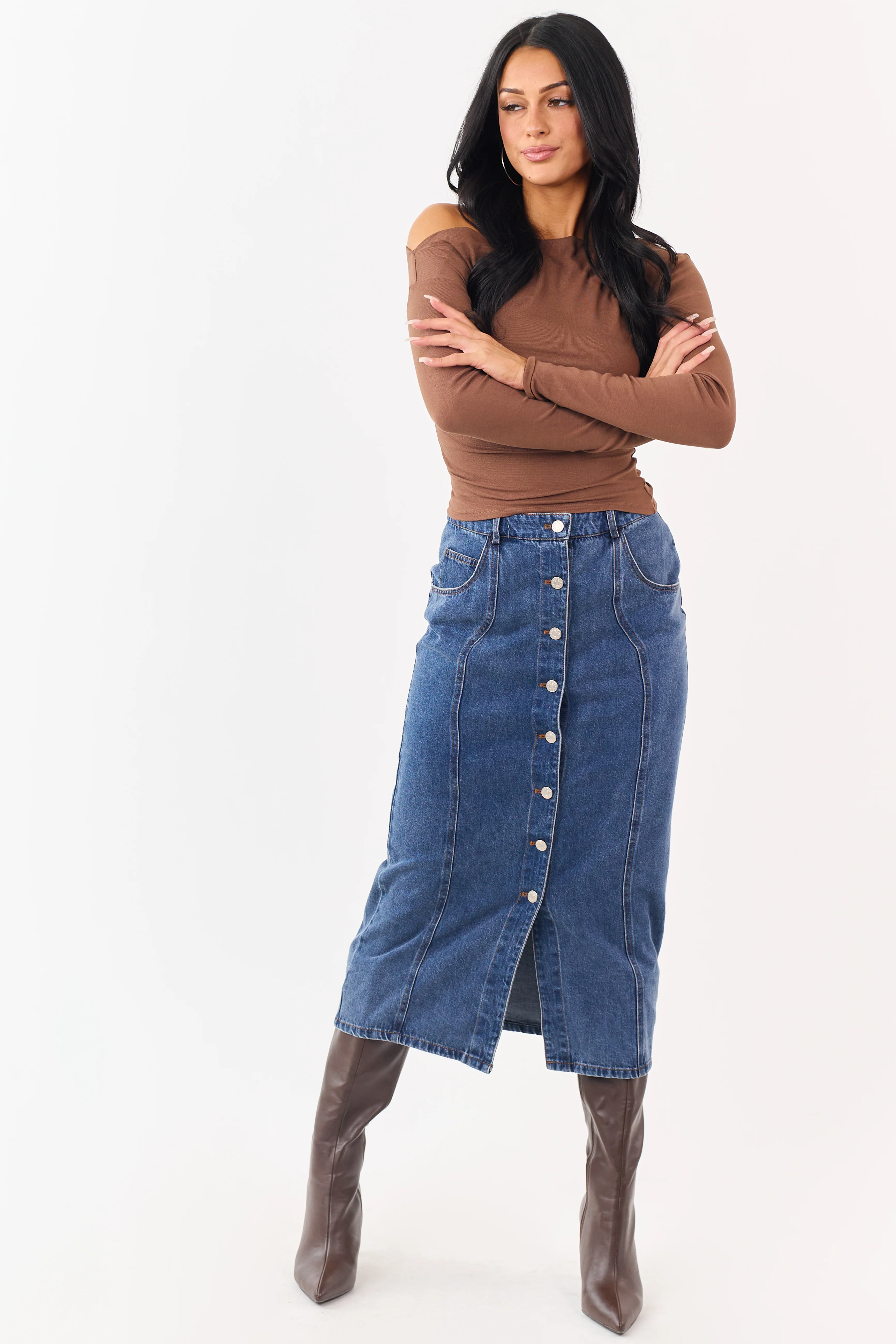 Medium Wash Button Down Denim Midi Skirt - Image 6