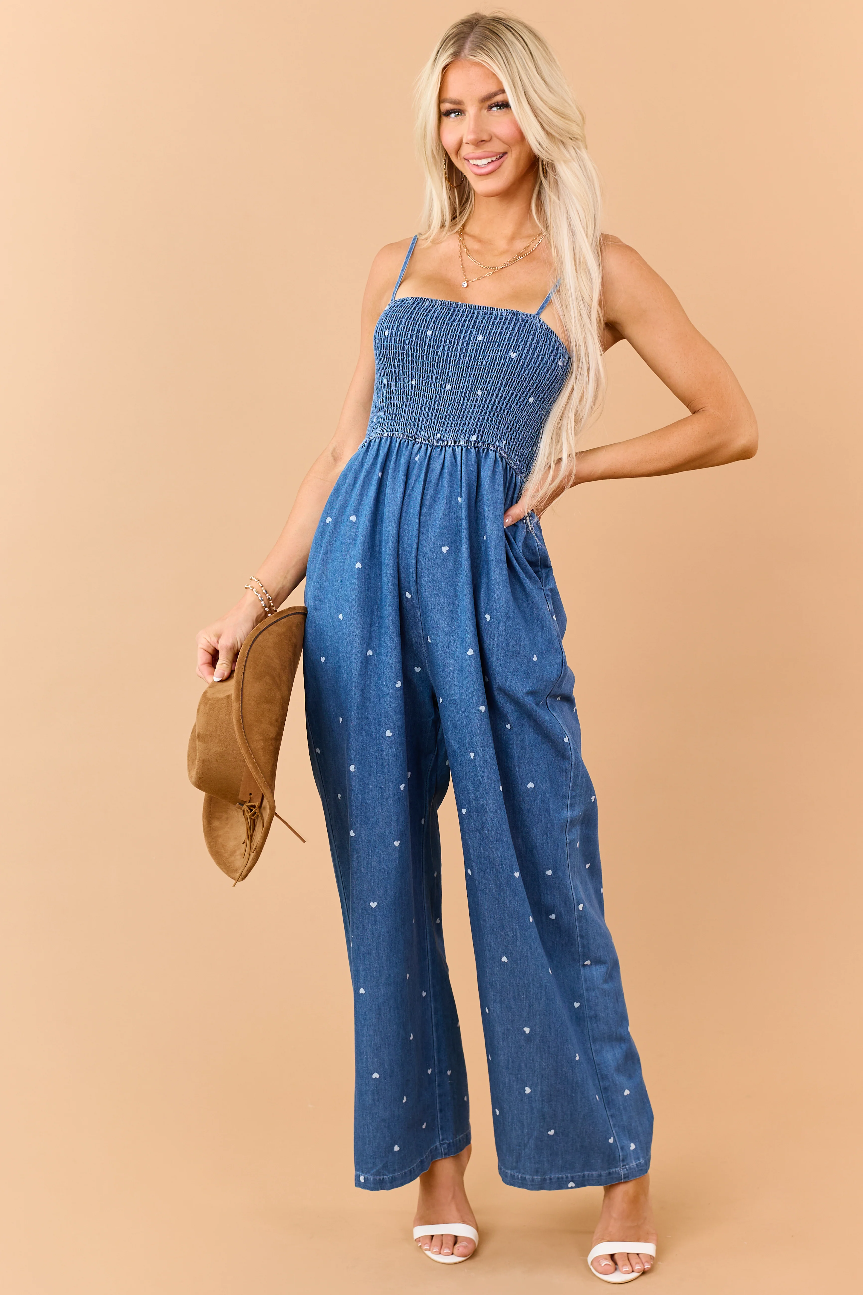 Medium Wash Chambray Heart Print Jumpsuit - Image 2
