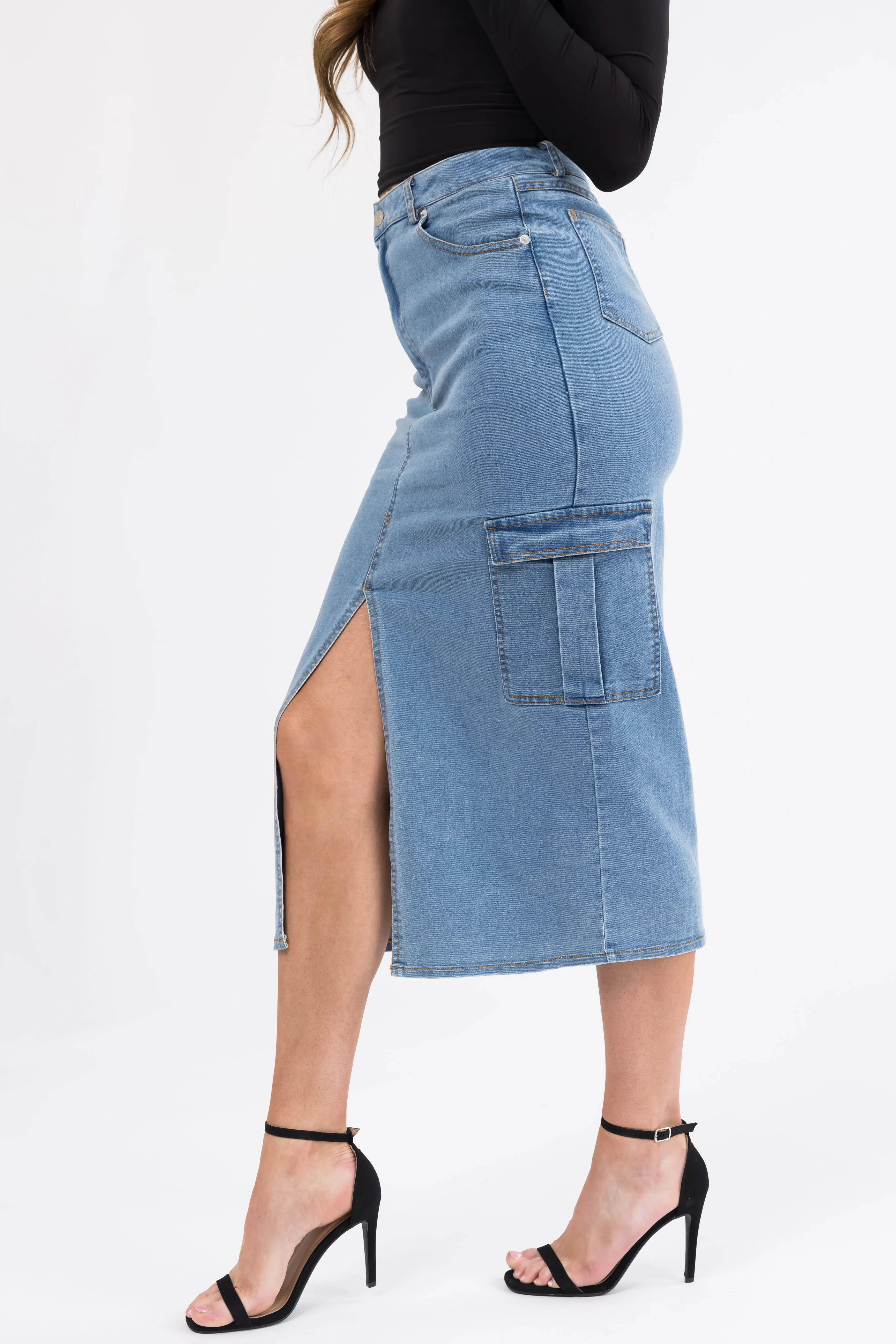 Medium Wash Denim Midi Skirt with Slit - Image 3