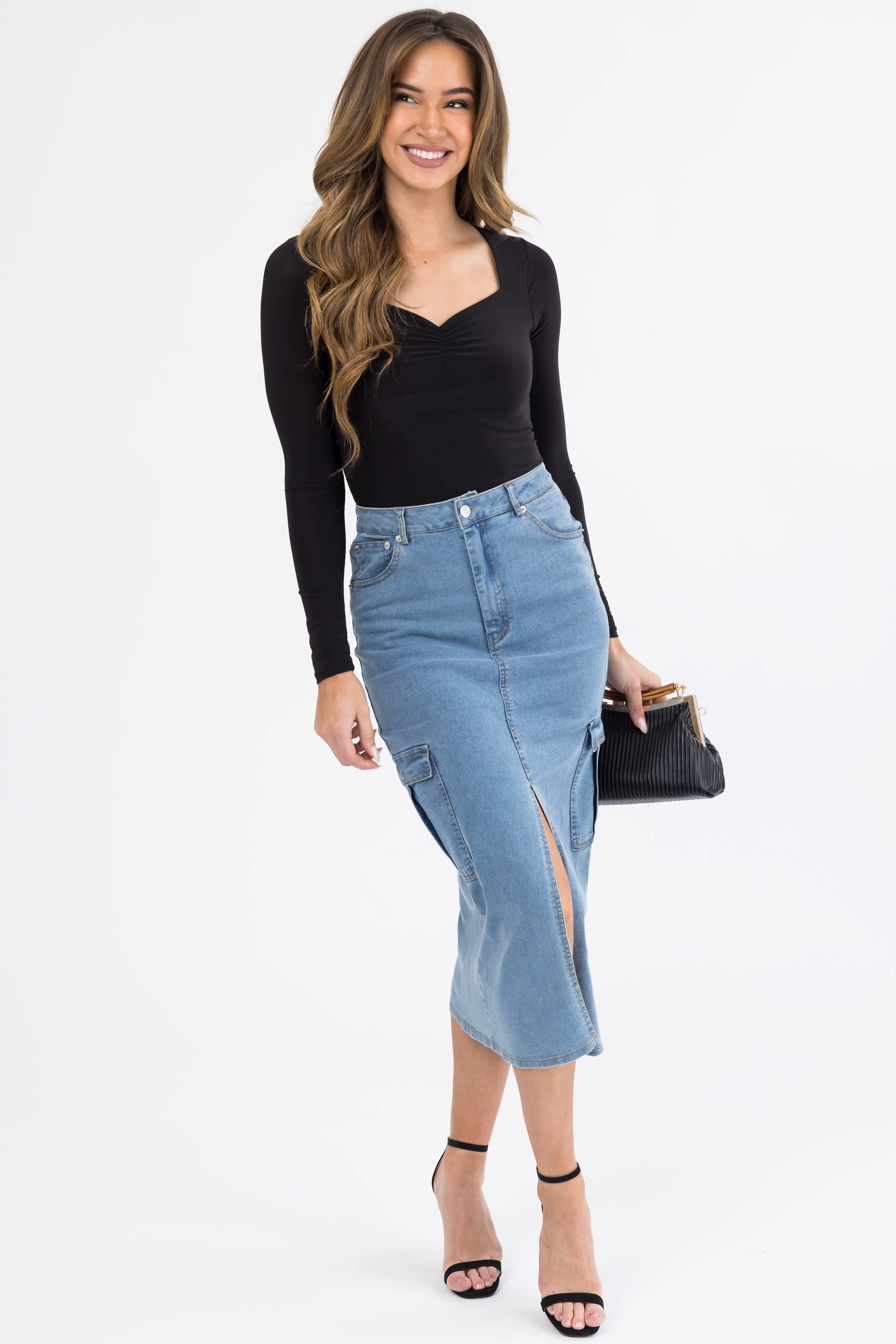 Medium Wash Denim Midi Skirt with Slit - Image 5