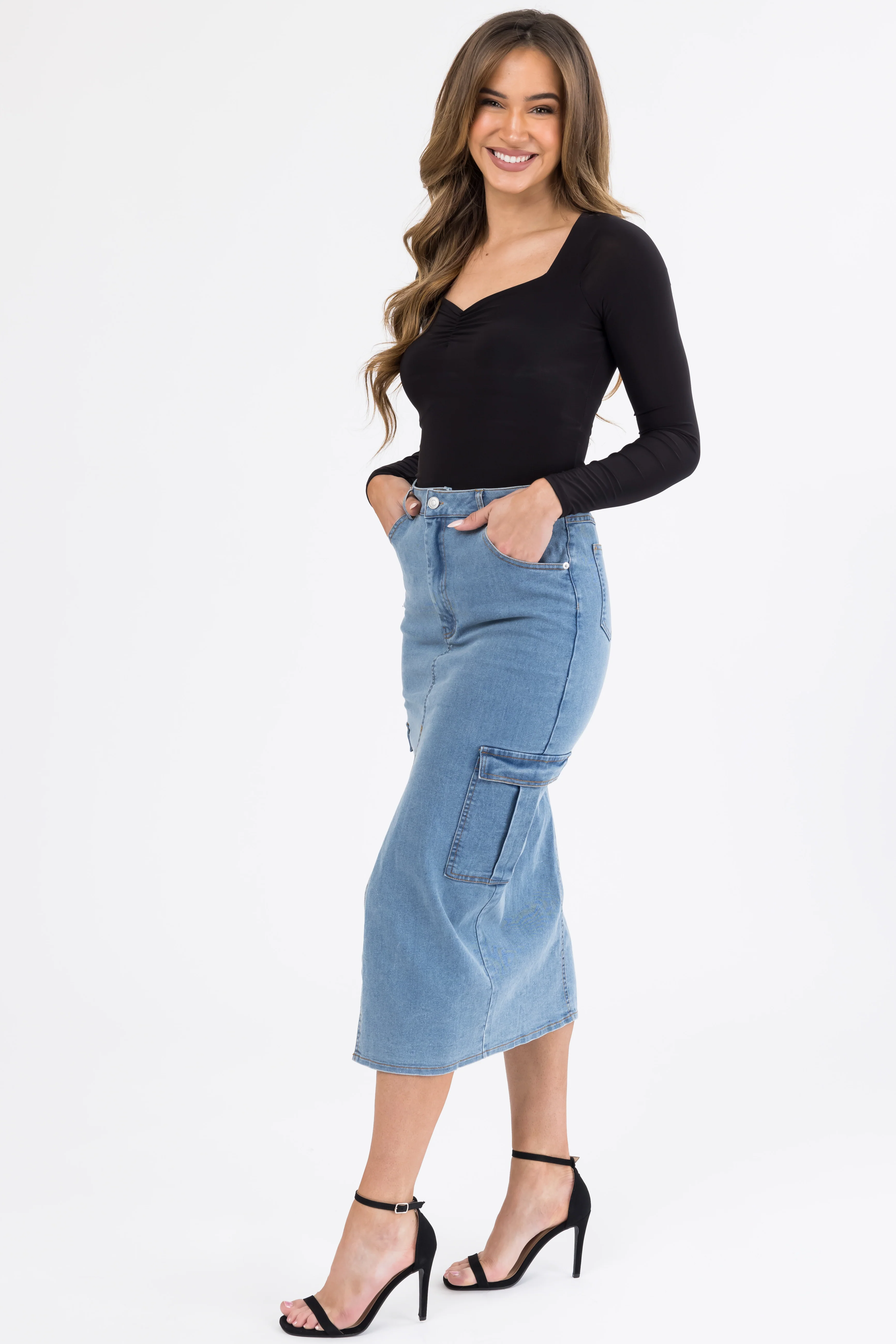 Medium Wash Denim Midi Skirt with Slit - Image 7