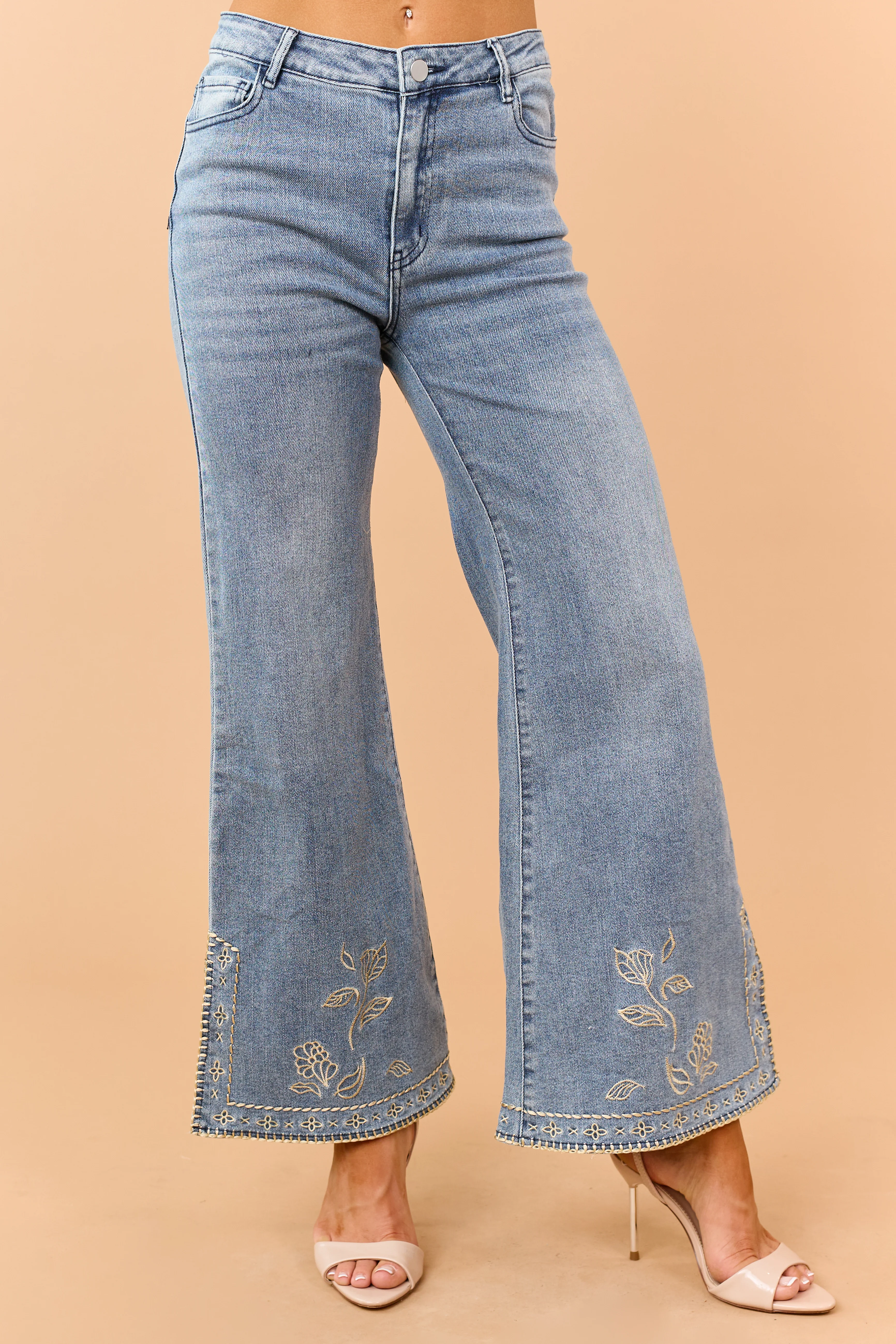 Medium Wash Floral Embroidered Hem Flare Stretch Jeans - Image 2