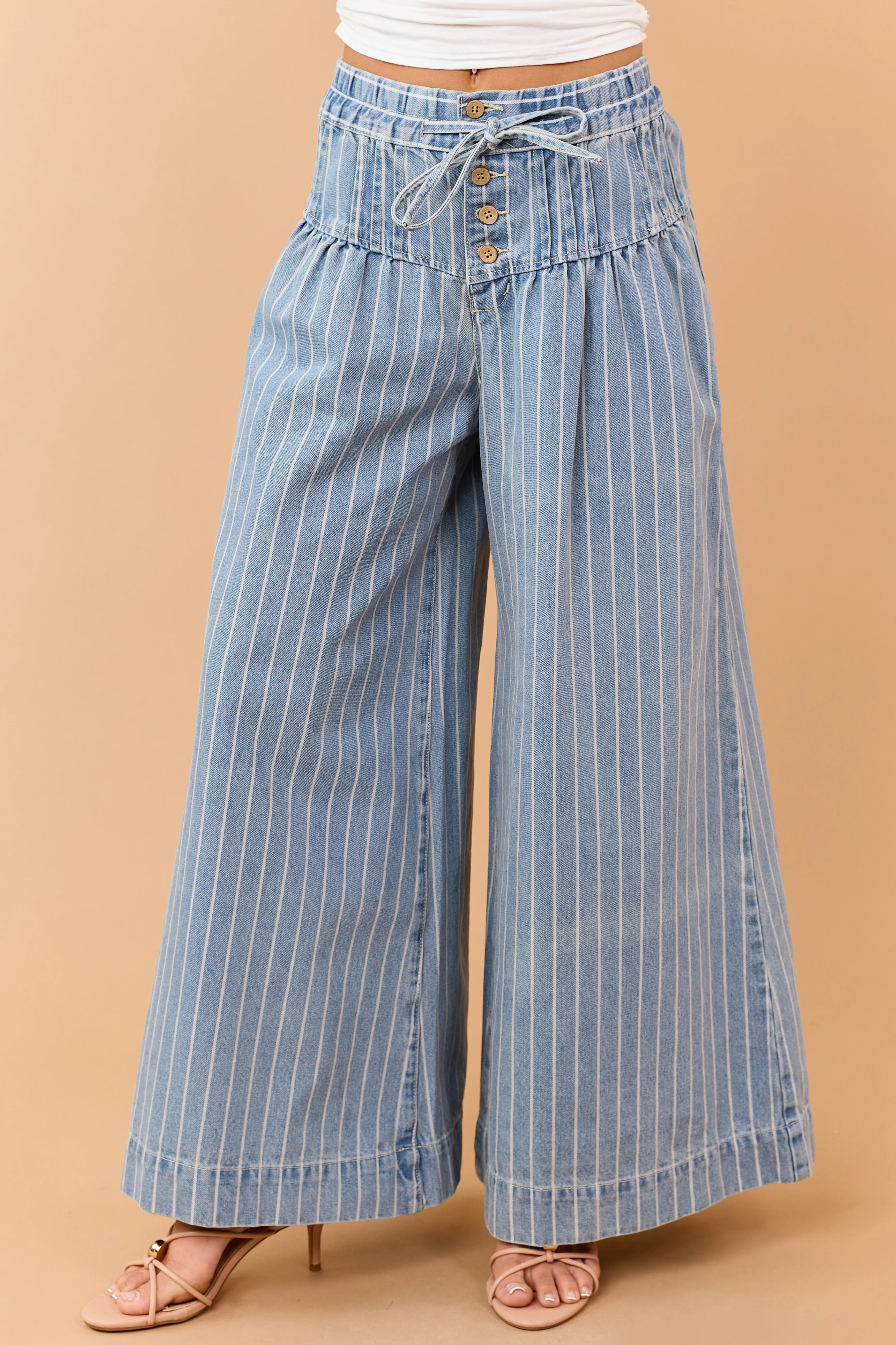 Medium Wash Striped Denim Wide Leg Drawstring Jeans - Image 2