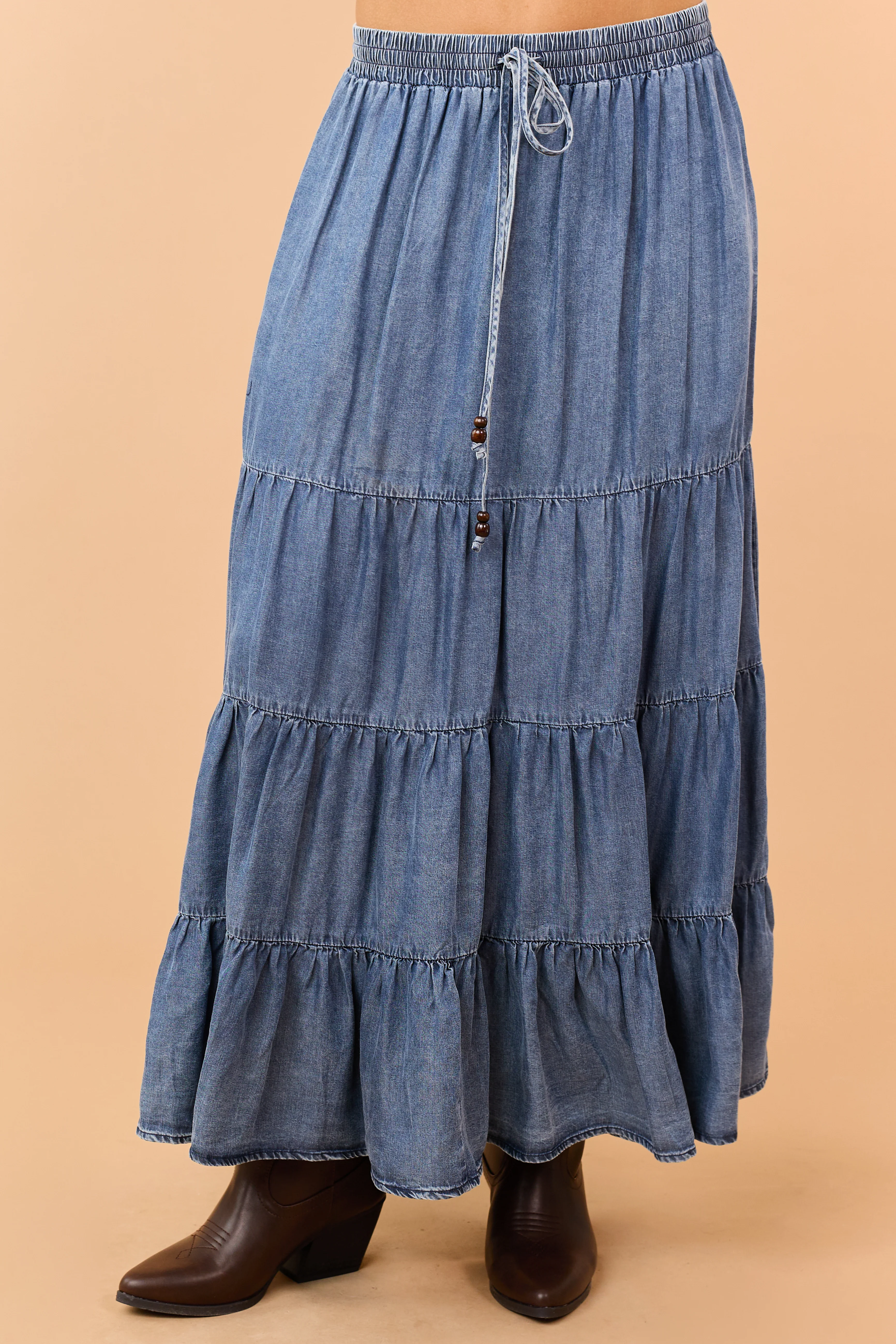 Medium Wash Tiered Chambray Maxi Skirt - Image 2