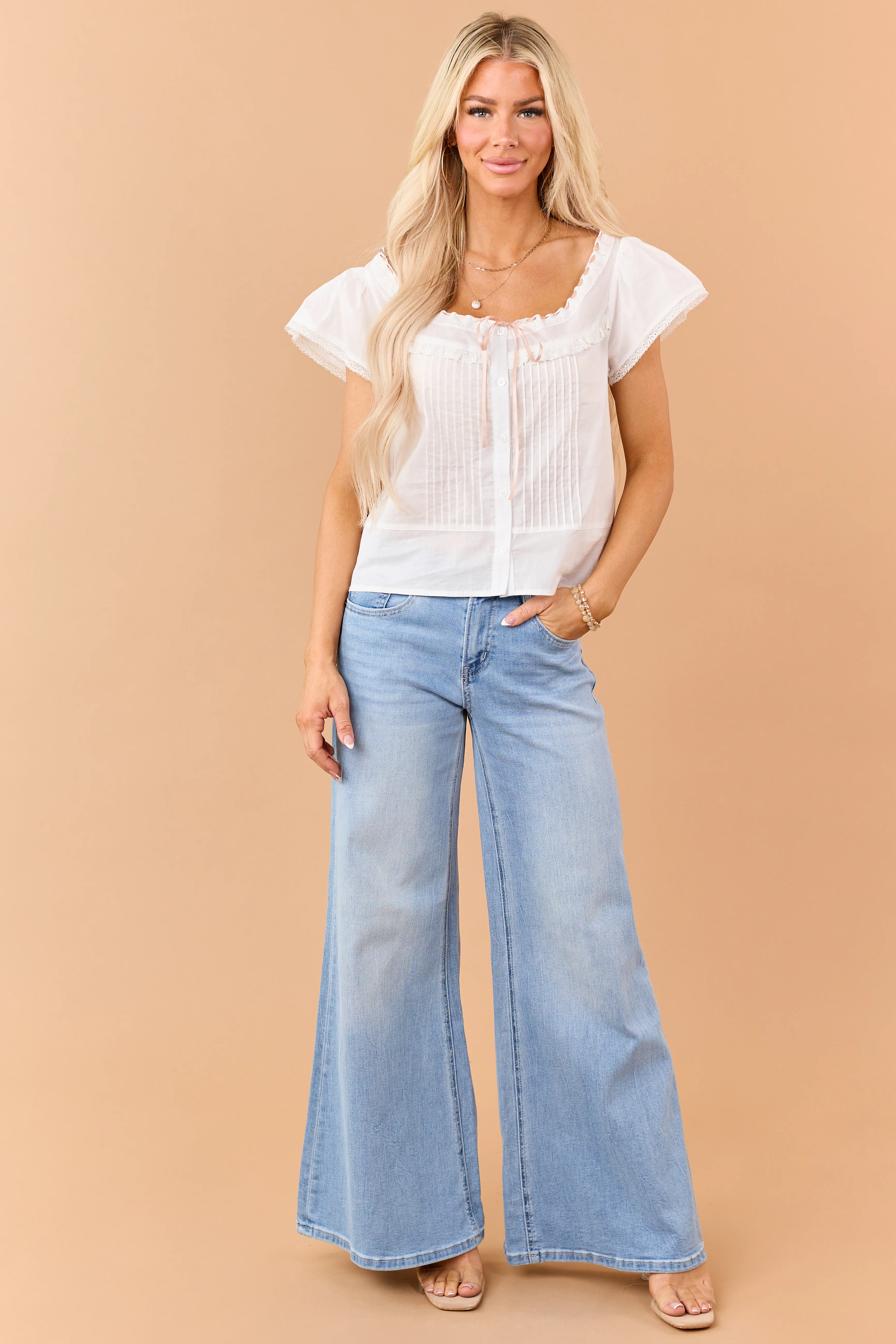 Mica Denim Light Wash Mid Rise Wide Stretchy Jeans - Image 5