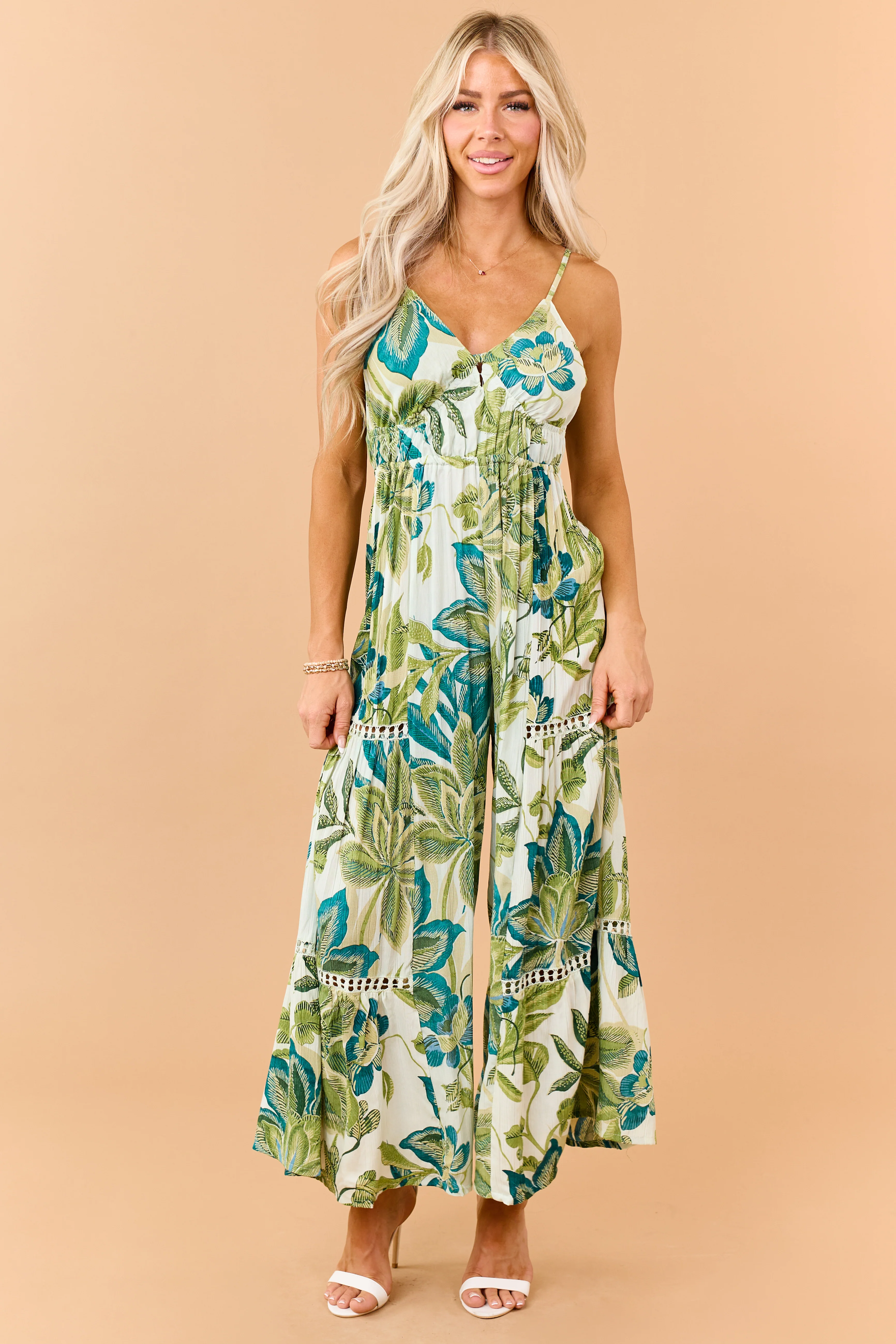 Mint Floral Print Open Back Wide Leg Jumpsuit - Image 3