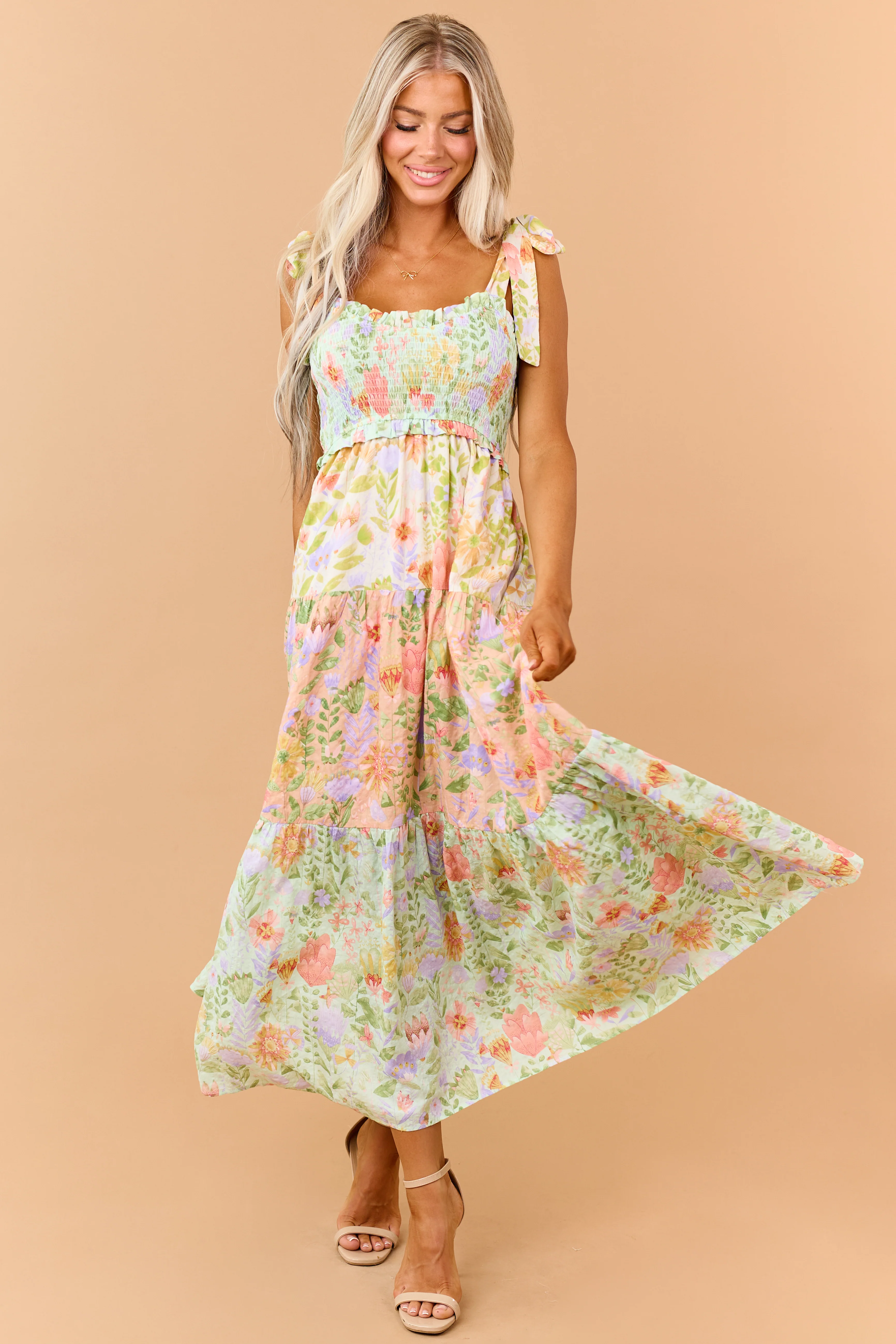 Mint Floral Print Tiered Smocked Maxi Dress - Image 7