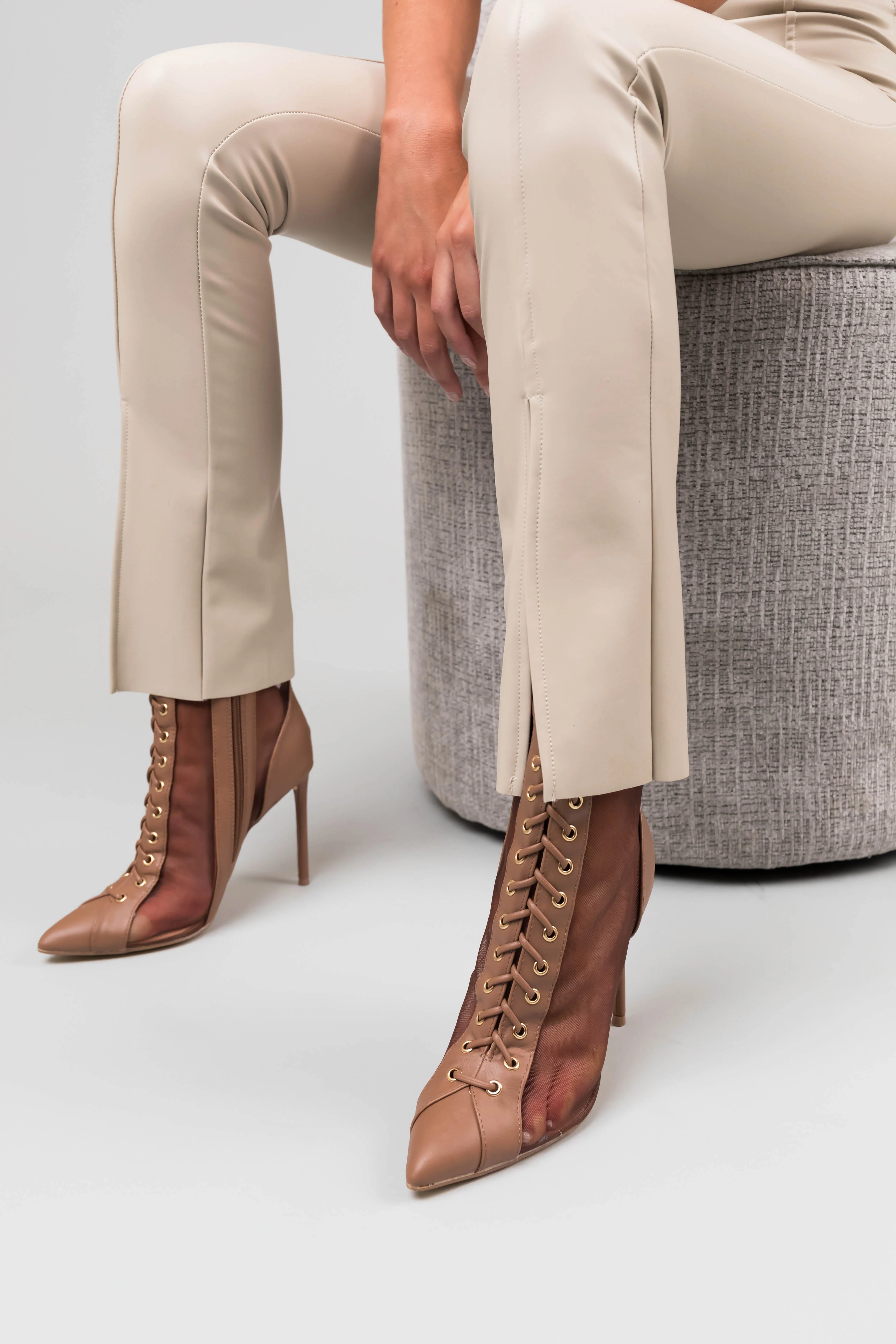 Mocha Sheer Mesh Lace Up Stiletto Booties - Image 4