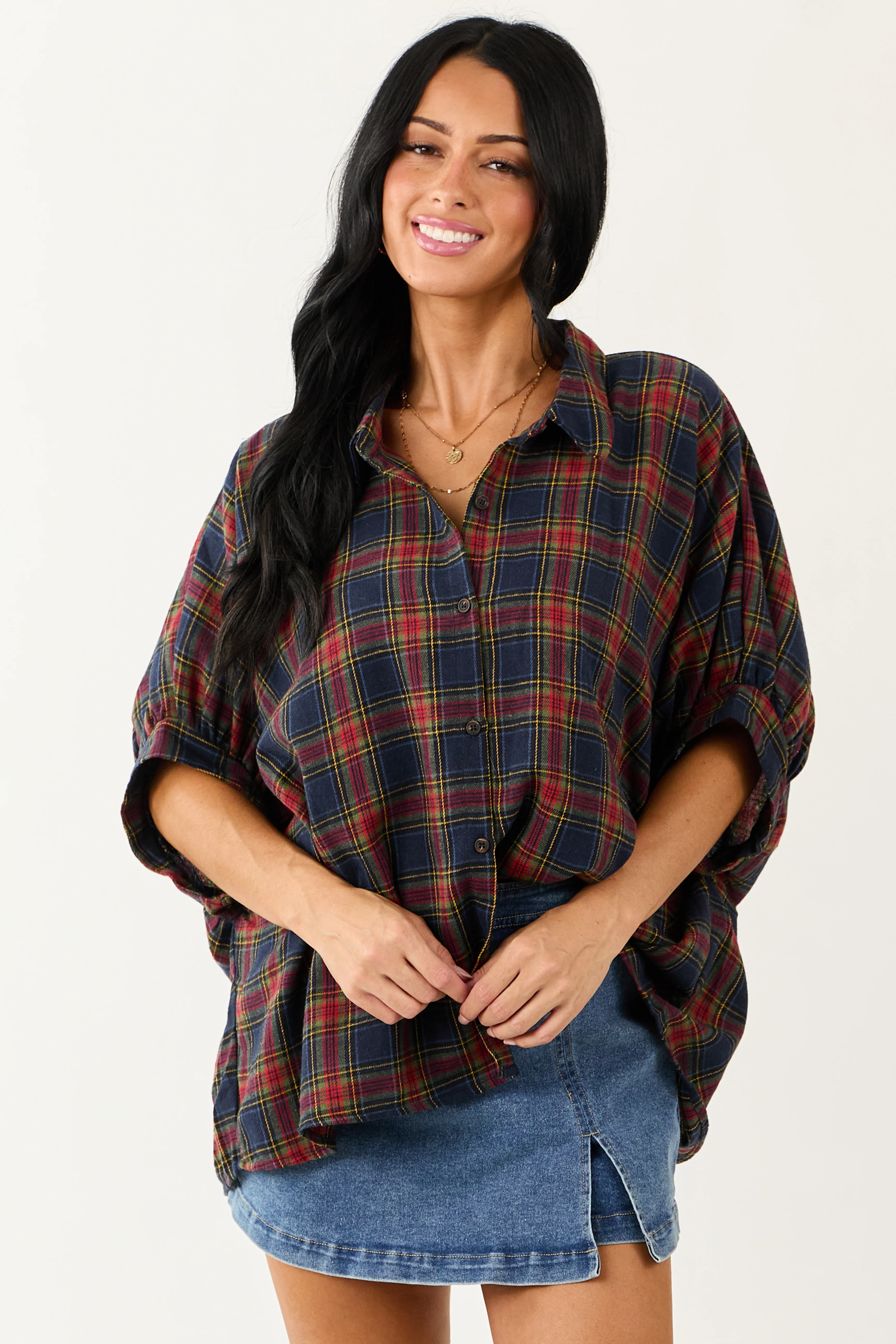 Navy Blue Plaid Button Up Dolman Sleeve Top