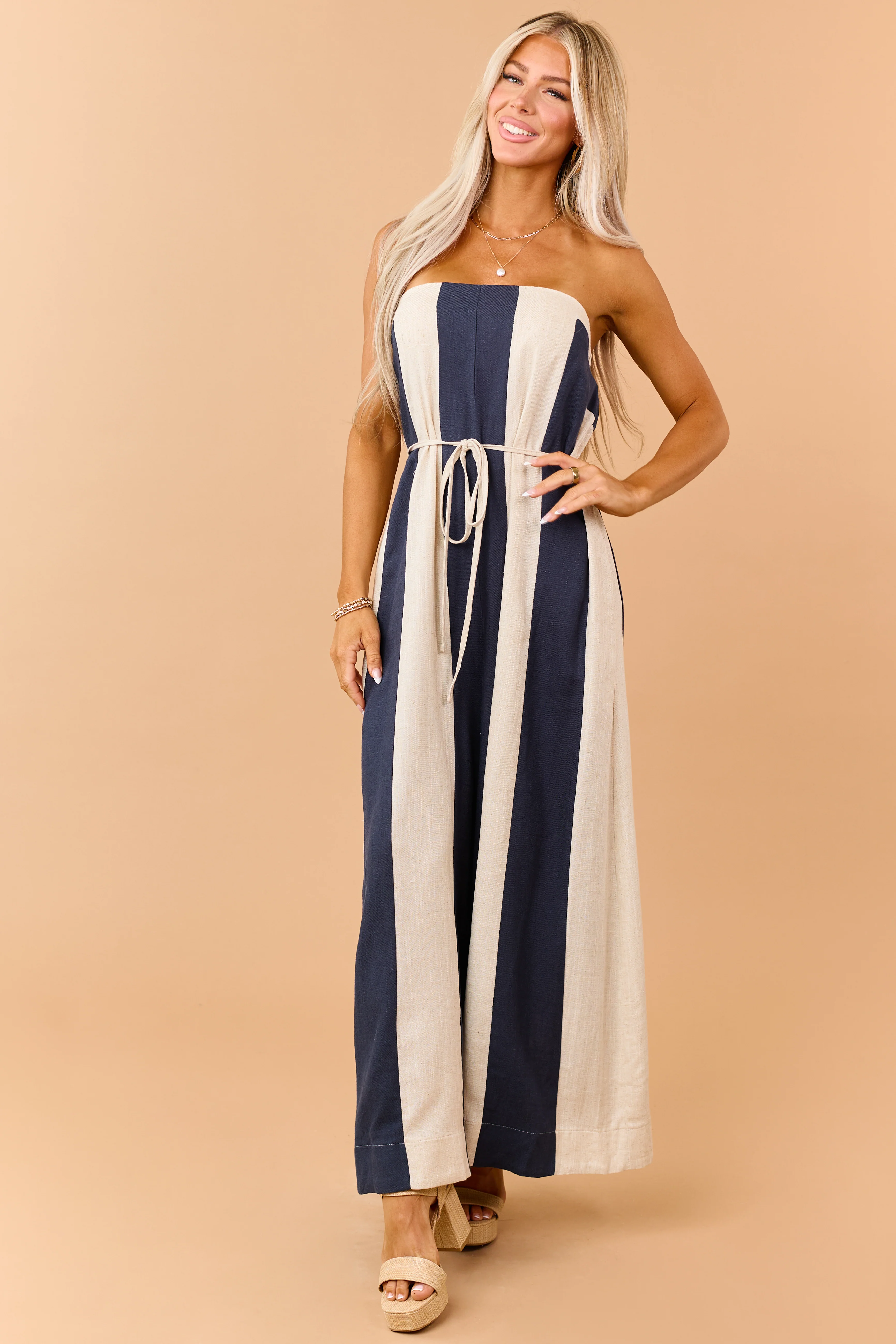 Navy Colorblock Stripe Linen Blend Strapless Jumpsuit - Image 4