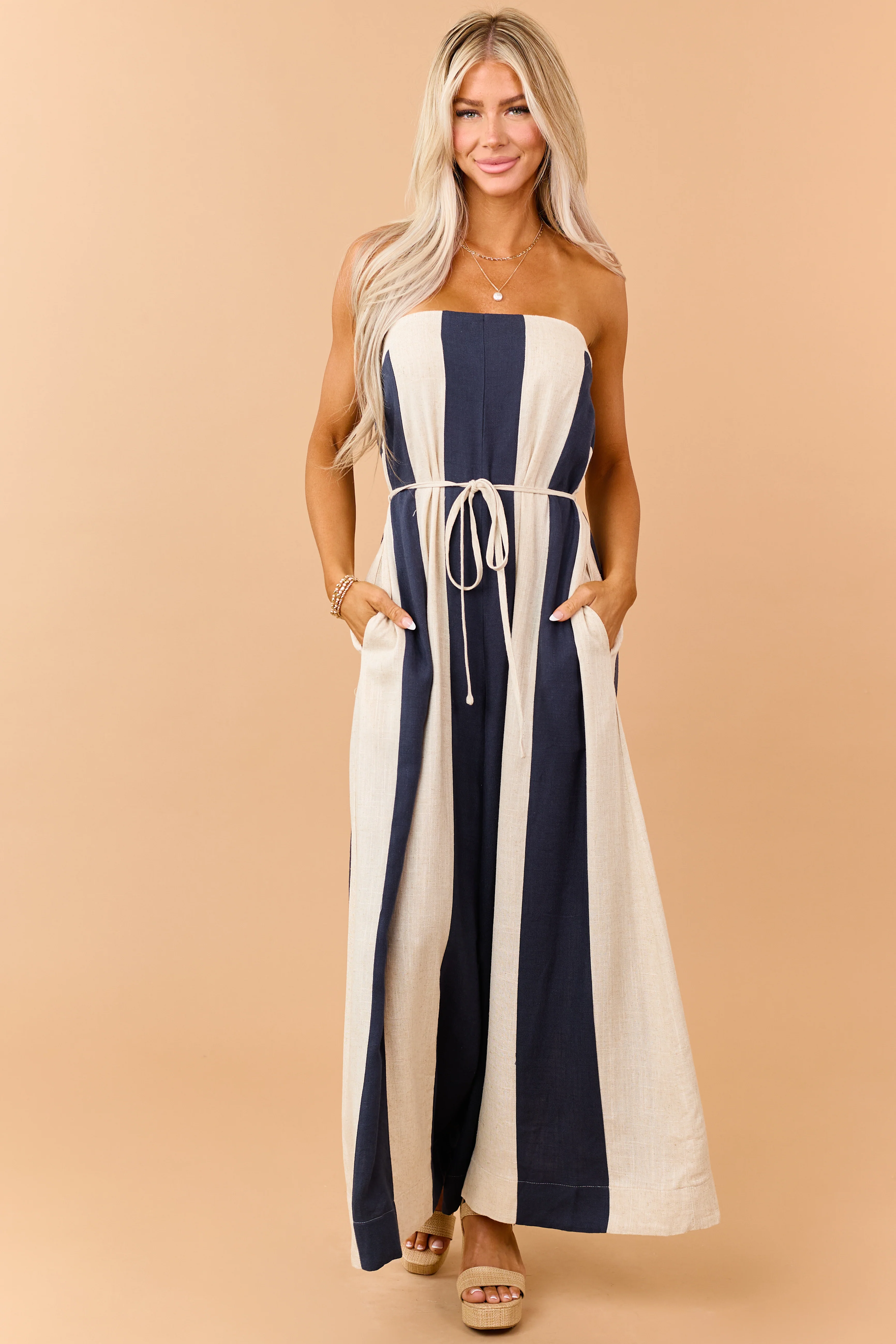 Navy Colorblock Stripe Linen Blend Strapless Jumpsuit - Image 5
