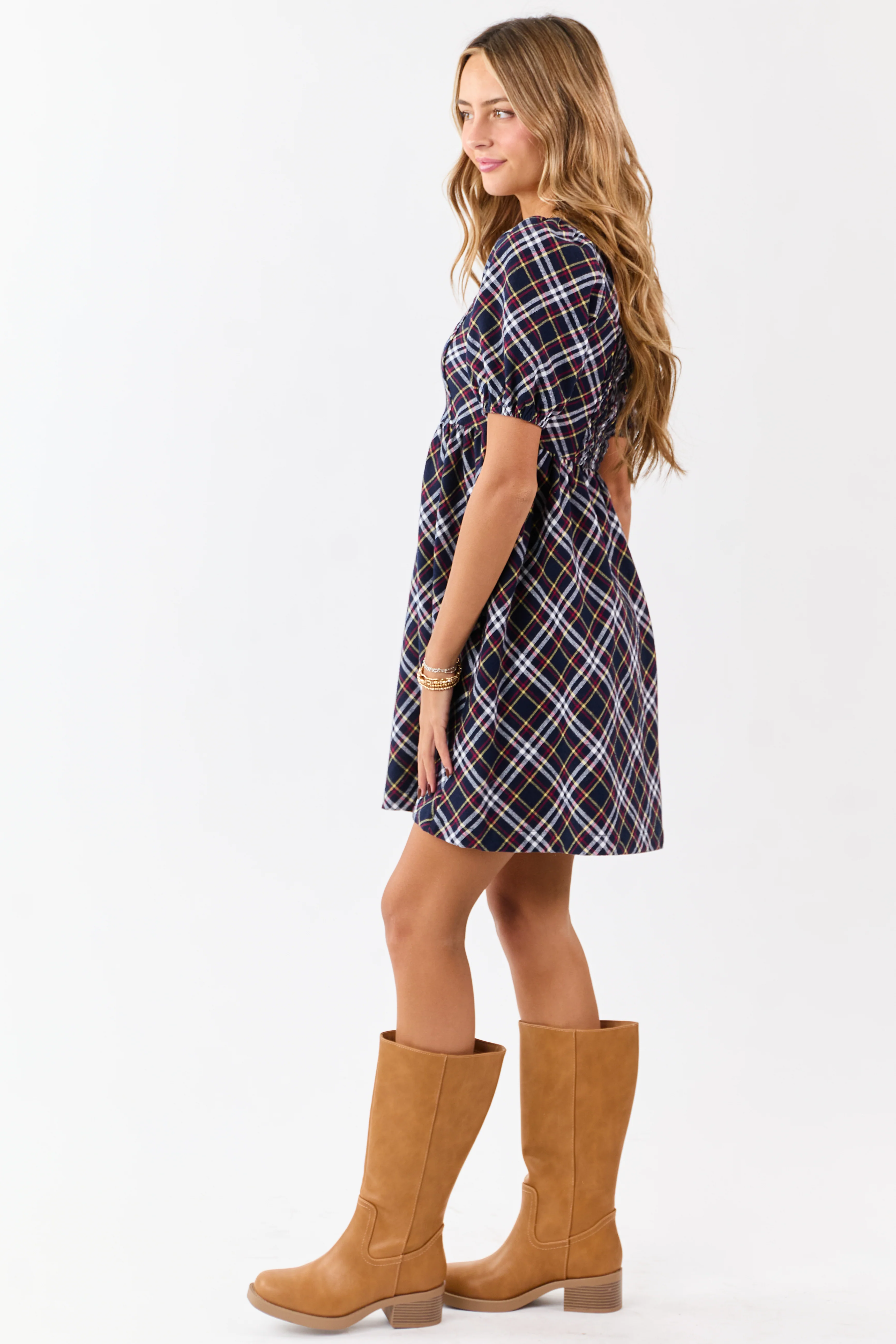 Navy Cotton Plaid Puff Sleeve Square Neck Mini Dress - Image 4