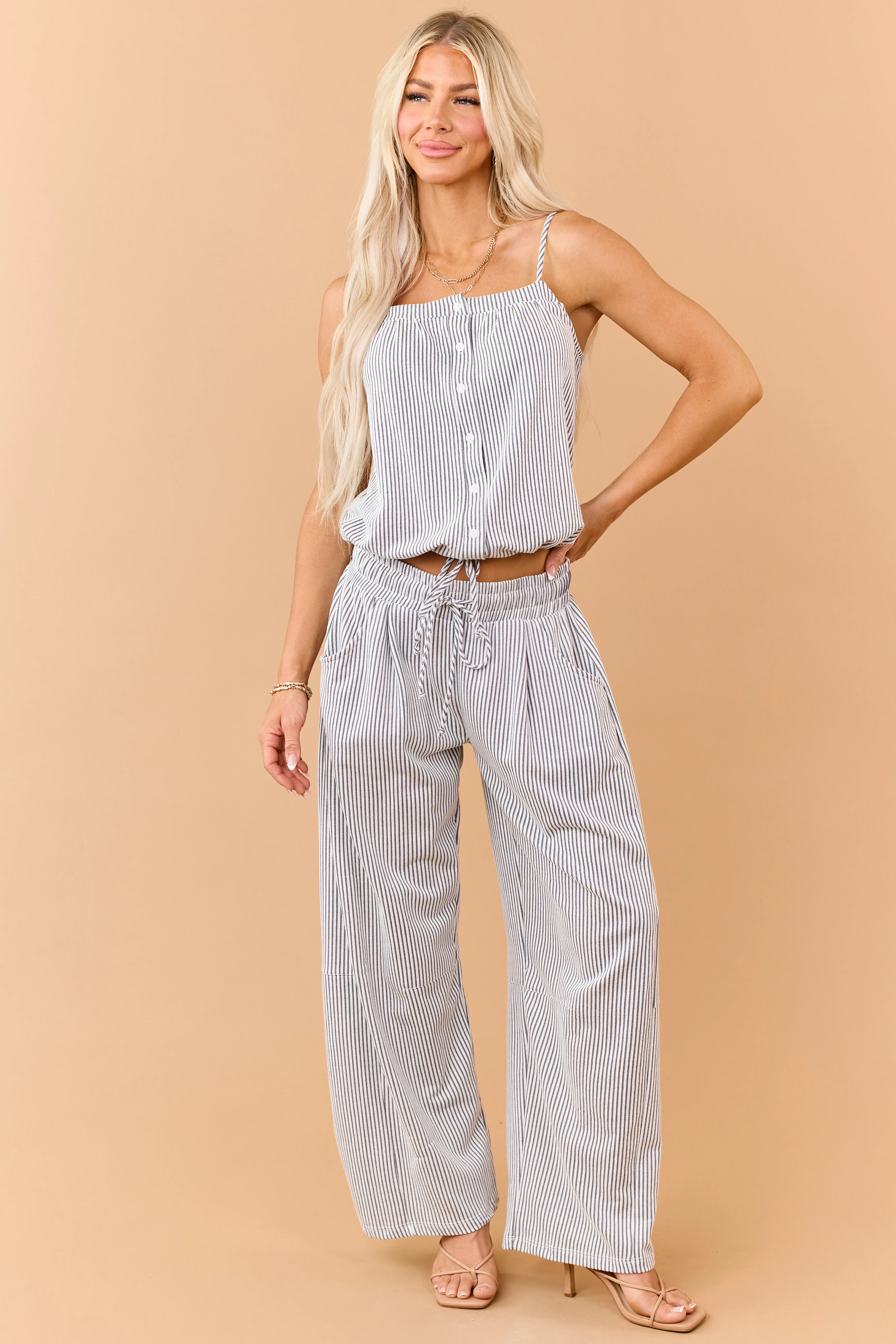 Navy and Cream Button Down Drawstring Tank Top - Image 4
