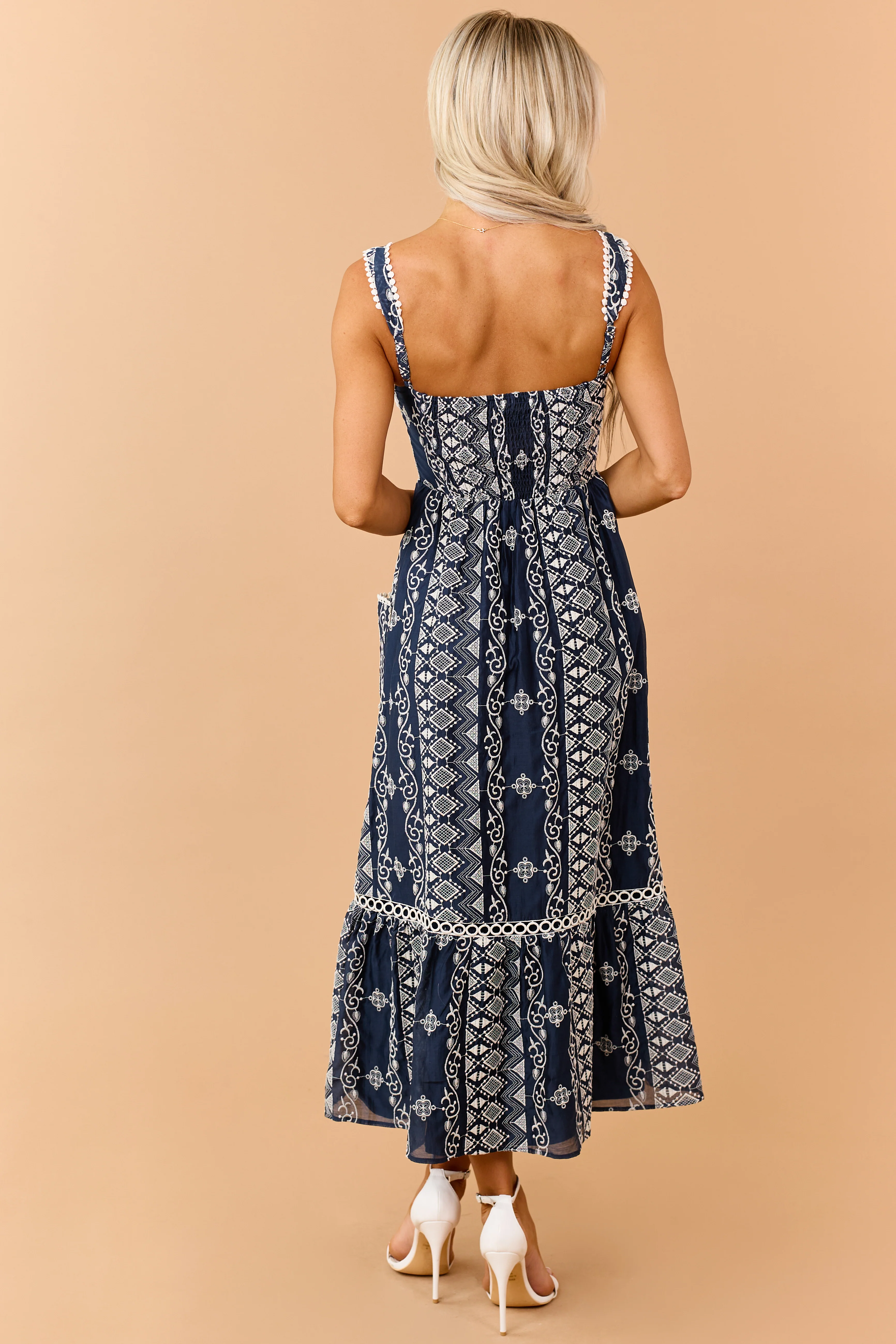 Navy Embroidered Sleeveless Lace Trim Maxi Dress - Image 5