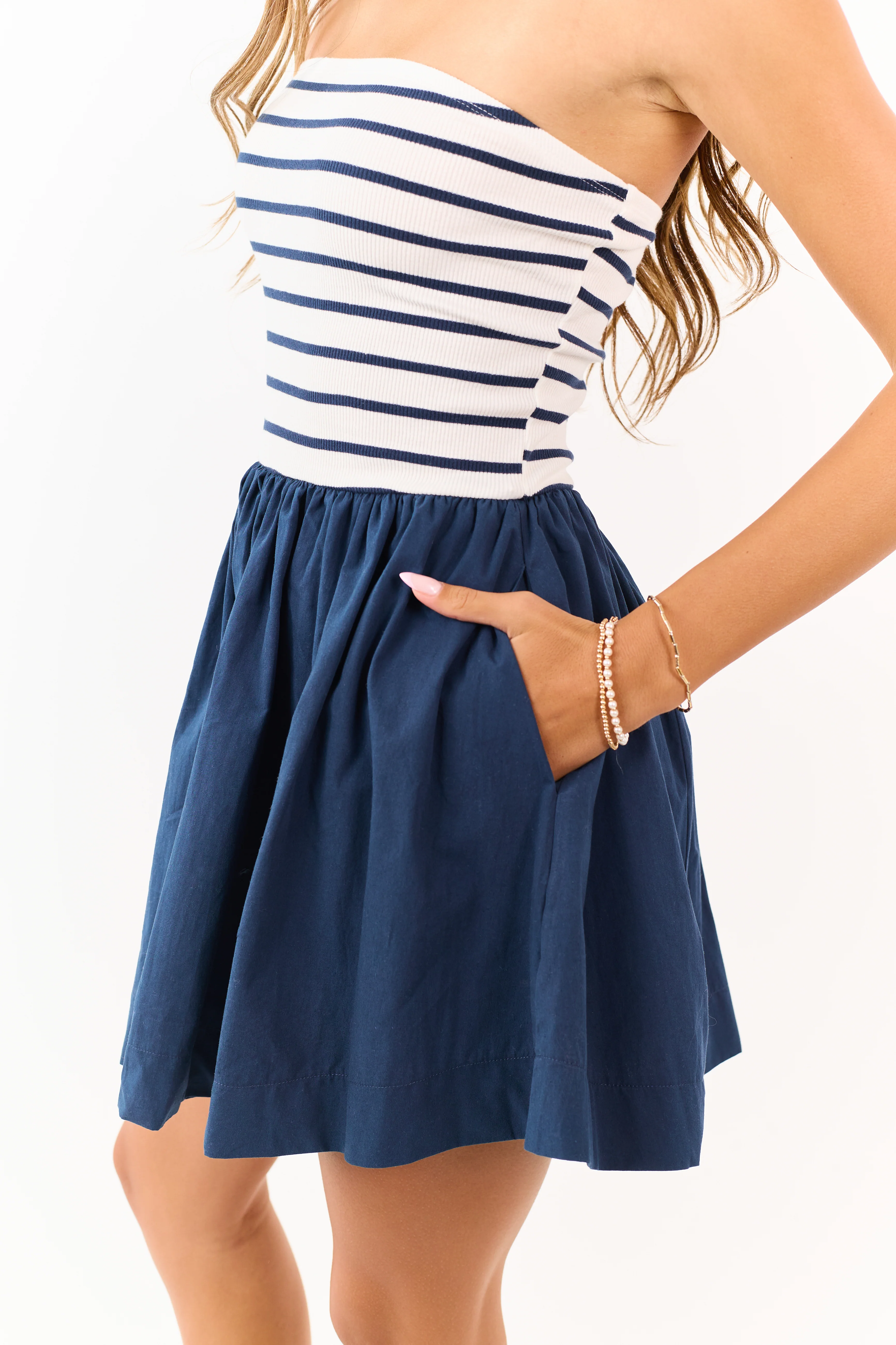 Navy and Ivory Striped Strapless Cotton Mini Dress - Image 6