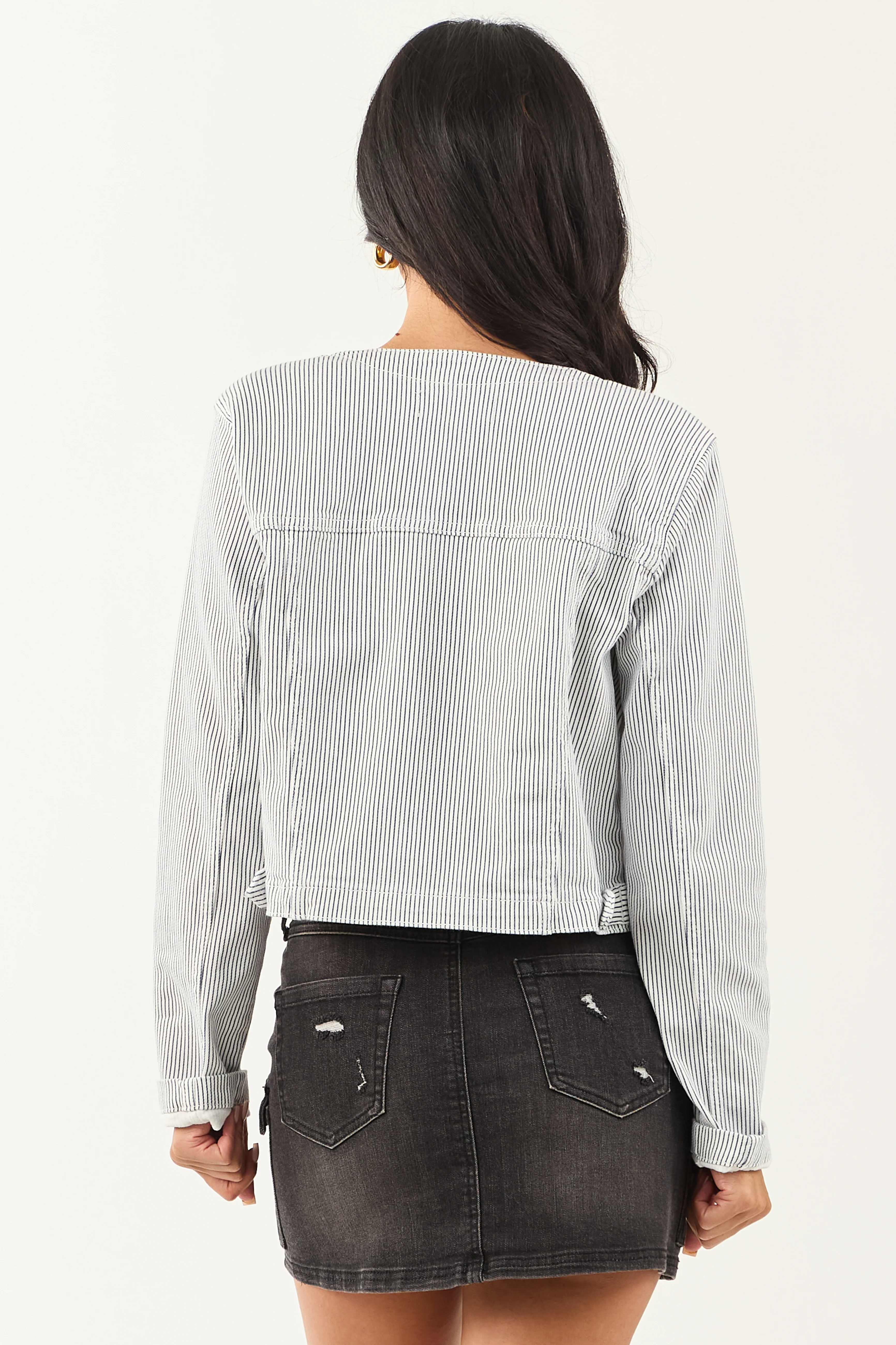 Navy and Off White Pin Stripe Buttoned Denim Jacket - Image 5