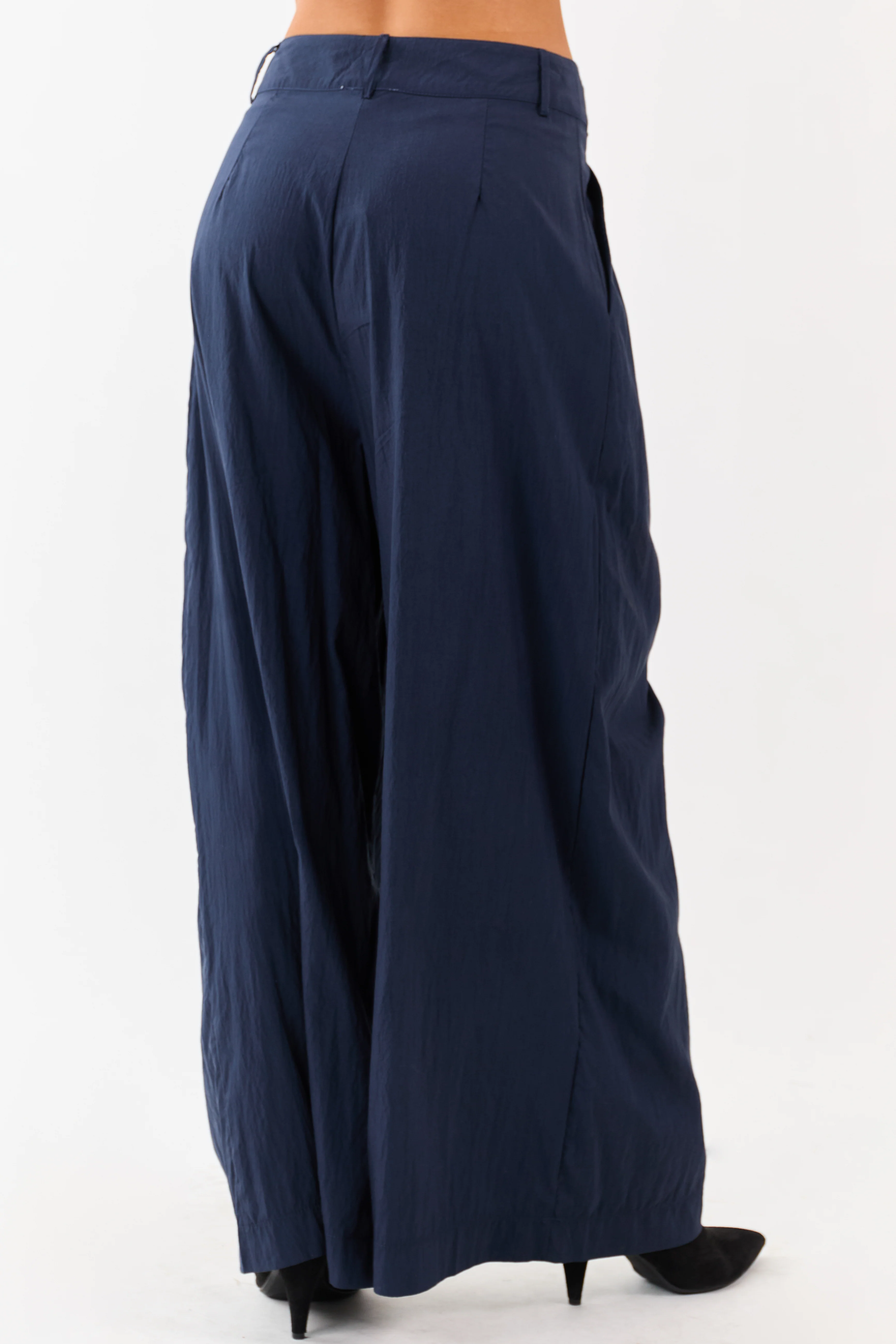 Navy Pleated High Waisted Wide Leg Palazzo Pants - Image 4