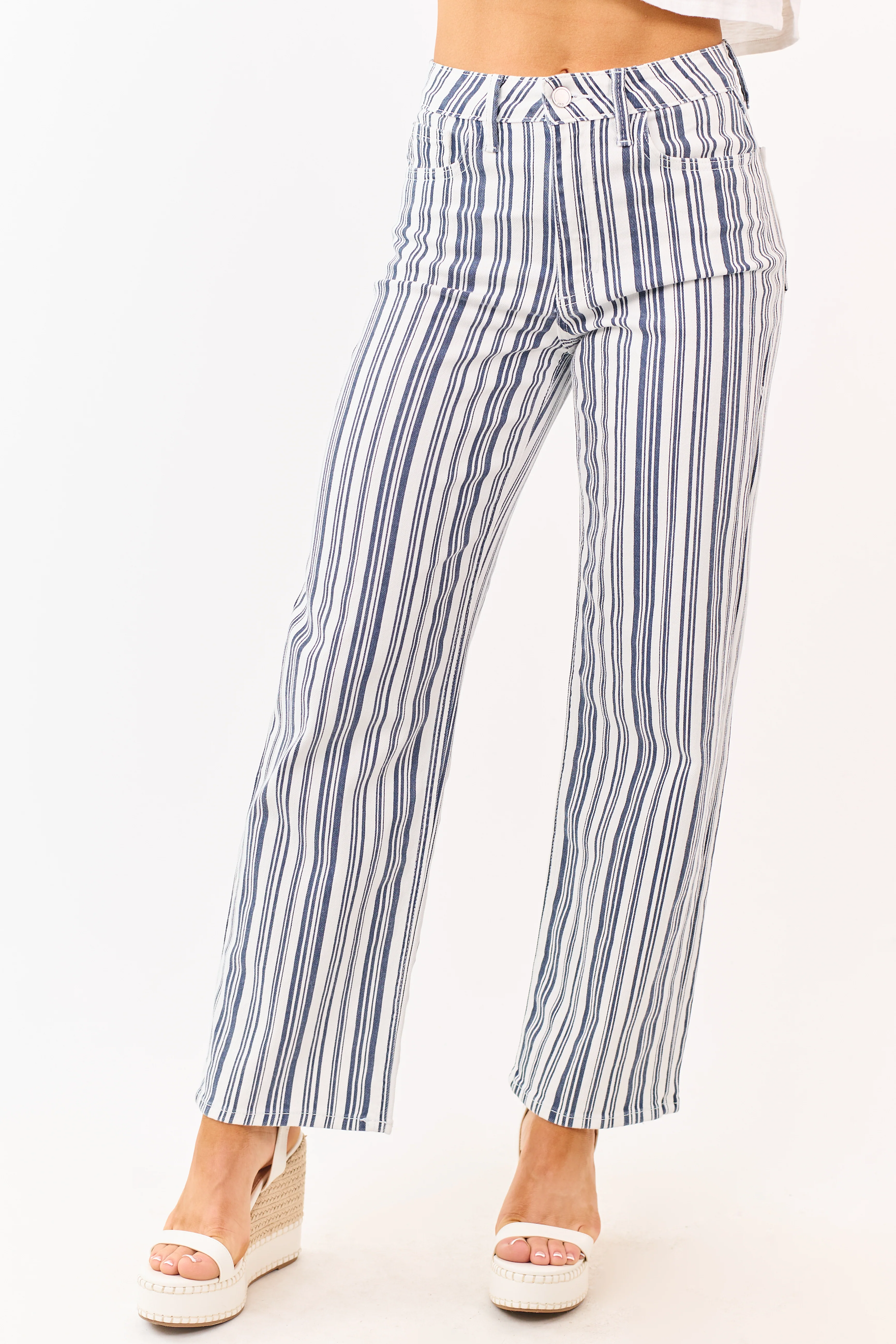 Navy Striped High Rise Straight Stretchy Jeans - Image 2