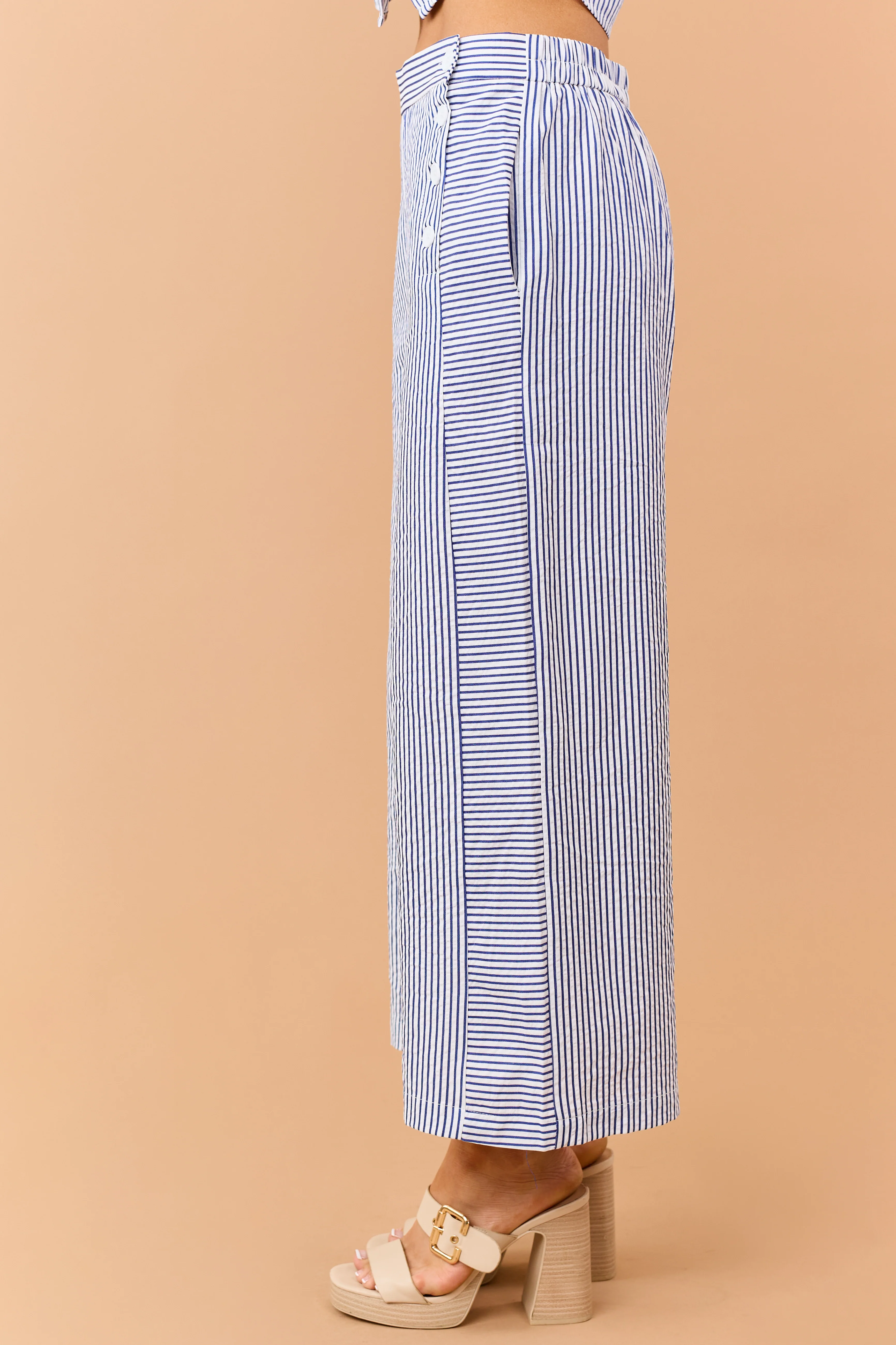 Navy Striped Side Button Down Wide Leg Pants - Image 3
