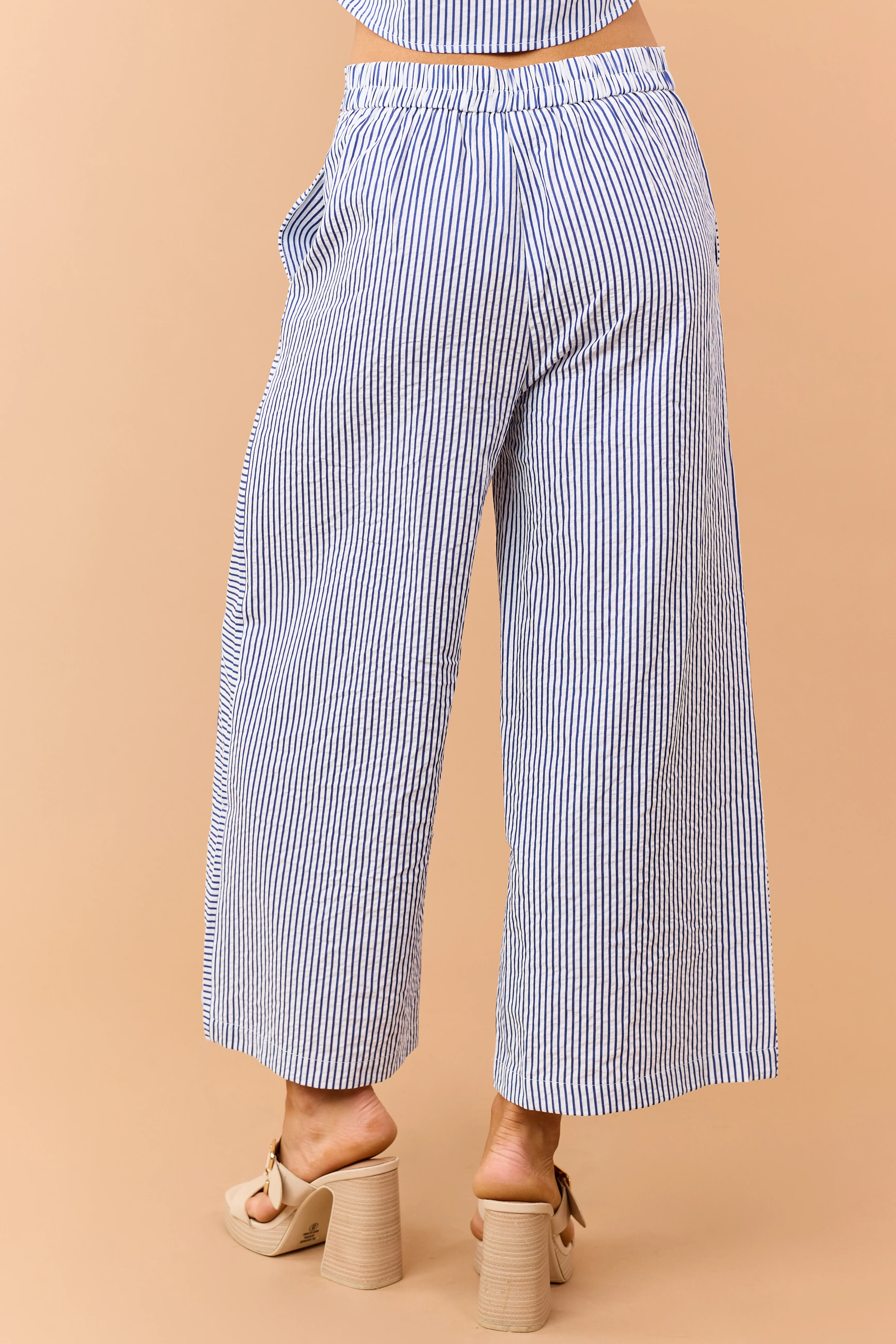 Navy Striped Side Button Down Wide Leg Pants - Image 4