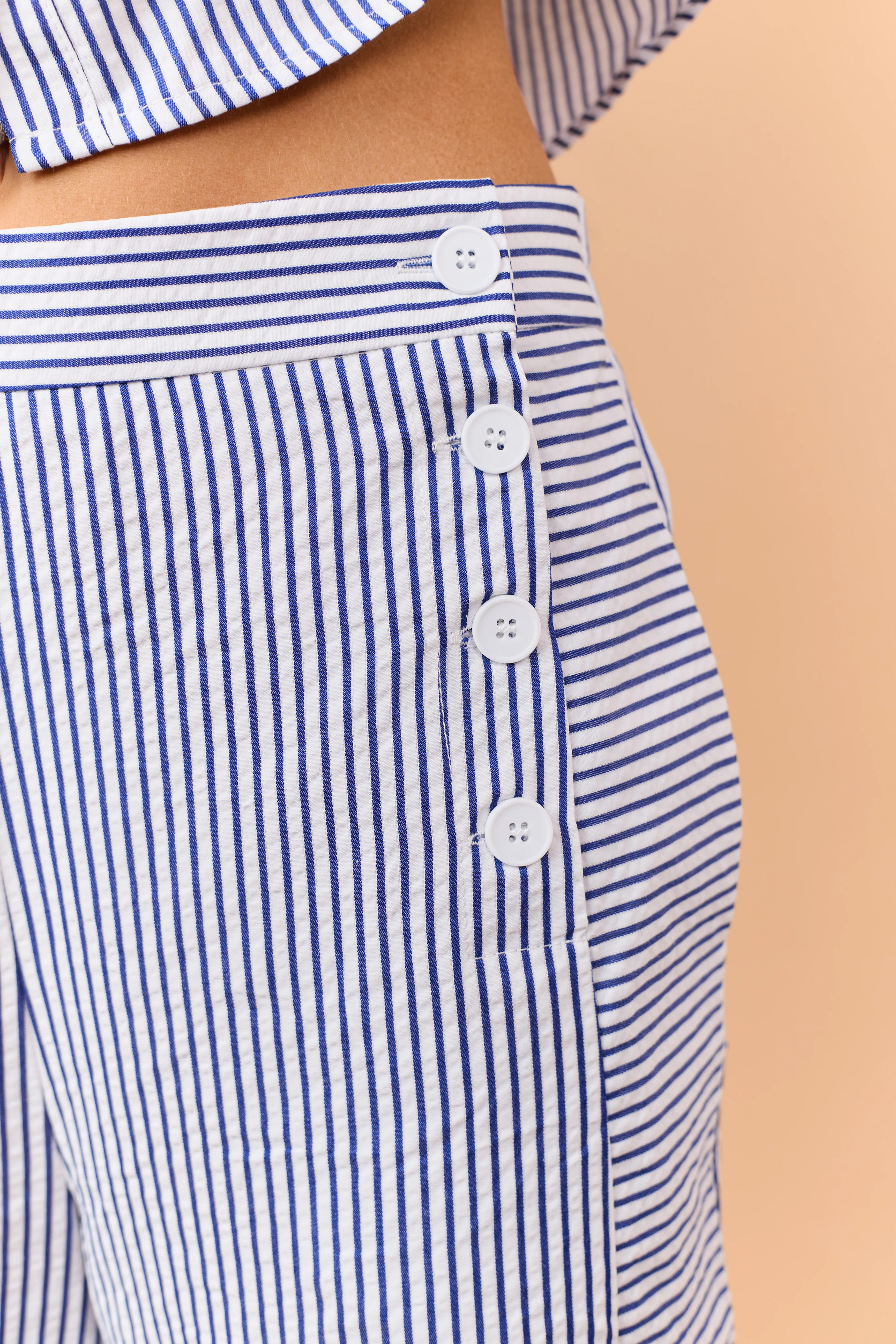 Navy Striped Side Button Down Wide Leg Pants - Image 7